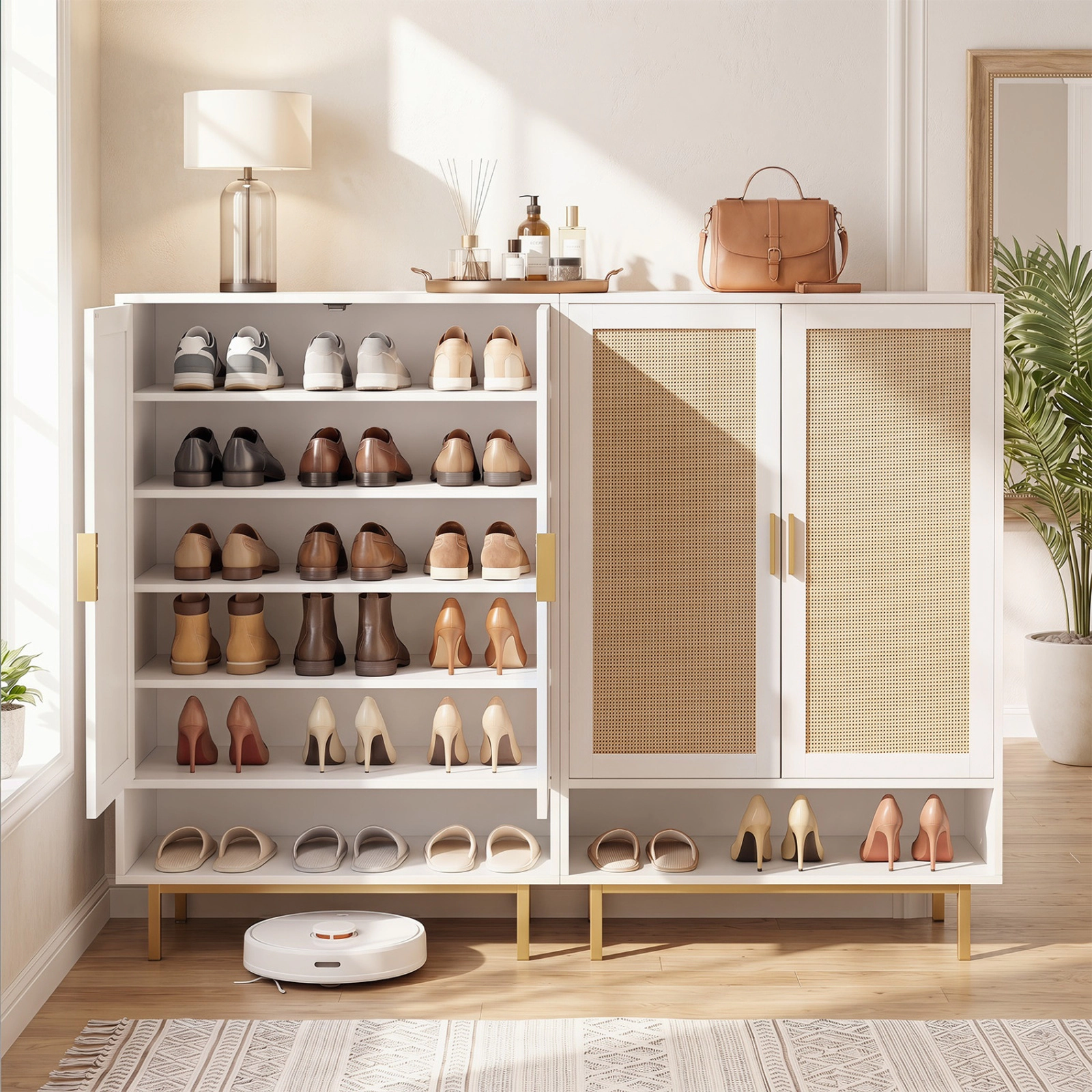 SUGIFT 43-in Tall 6-Tier Shoe Cabinet with Double Doors and Open Compartment 135-lb Capacity White