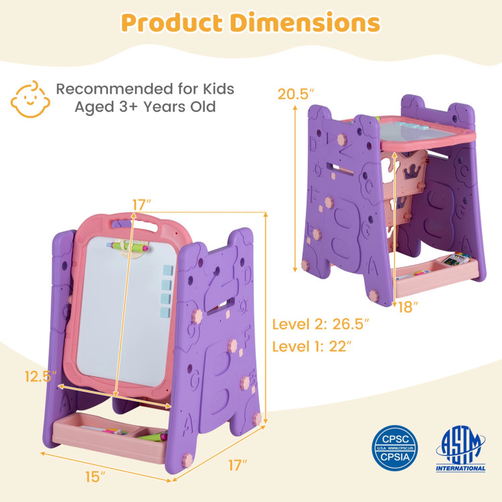 SUGIFT 4-in-1 Adjustable Art Easel for Kids with Double-Sided Magnetic Whiteboard and Blackboard Pink & Purple