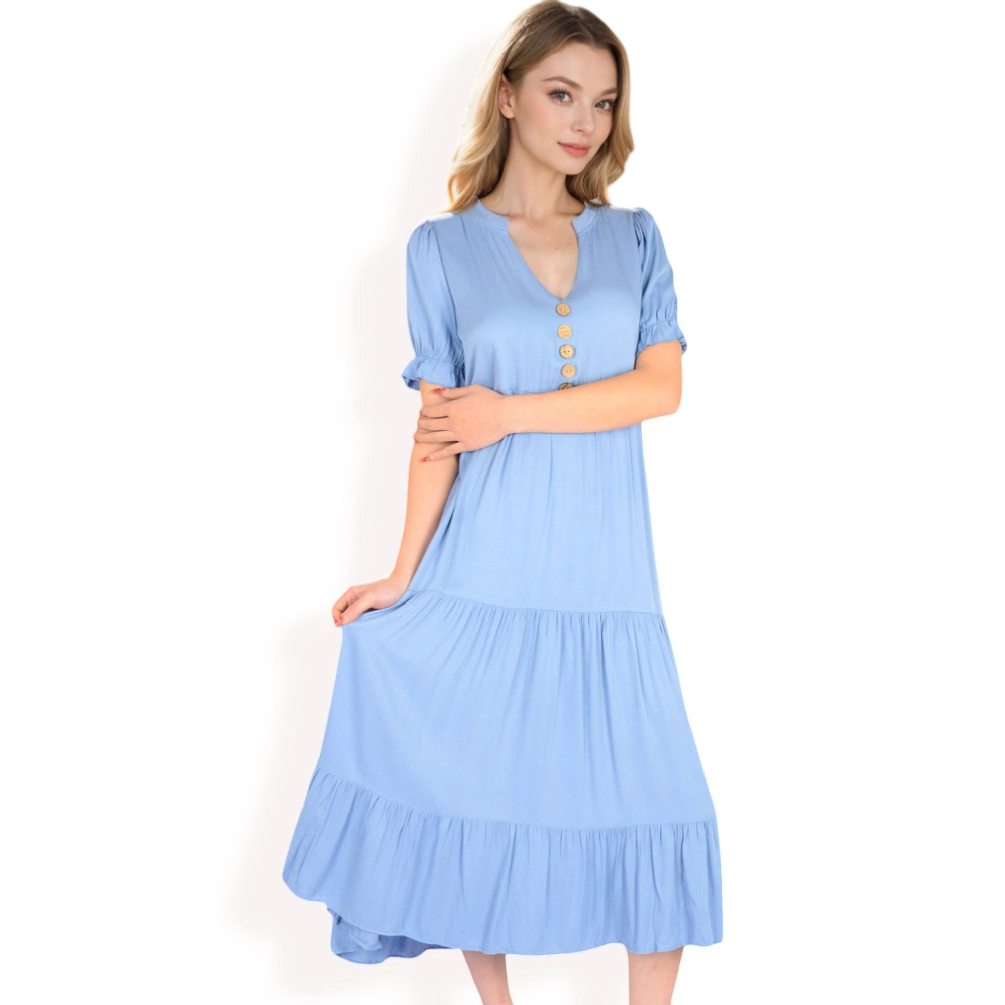 Anna-Kaci Women's Puff Sleeve Tiered Button Front Smocked Cuffs Midi Dress