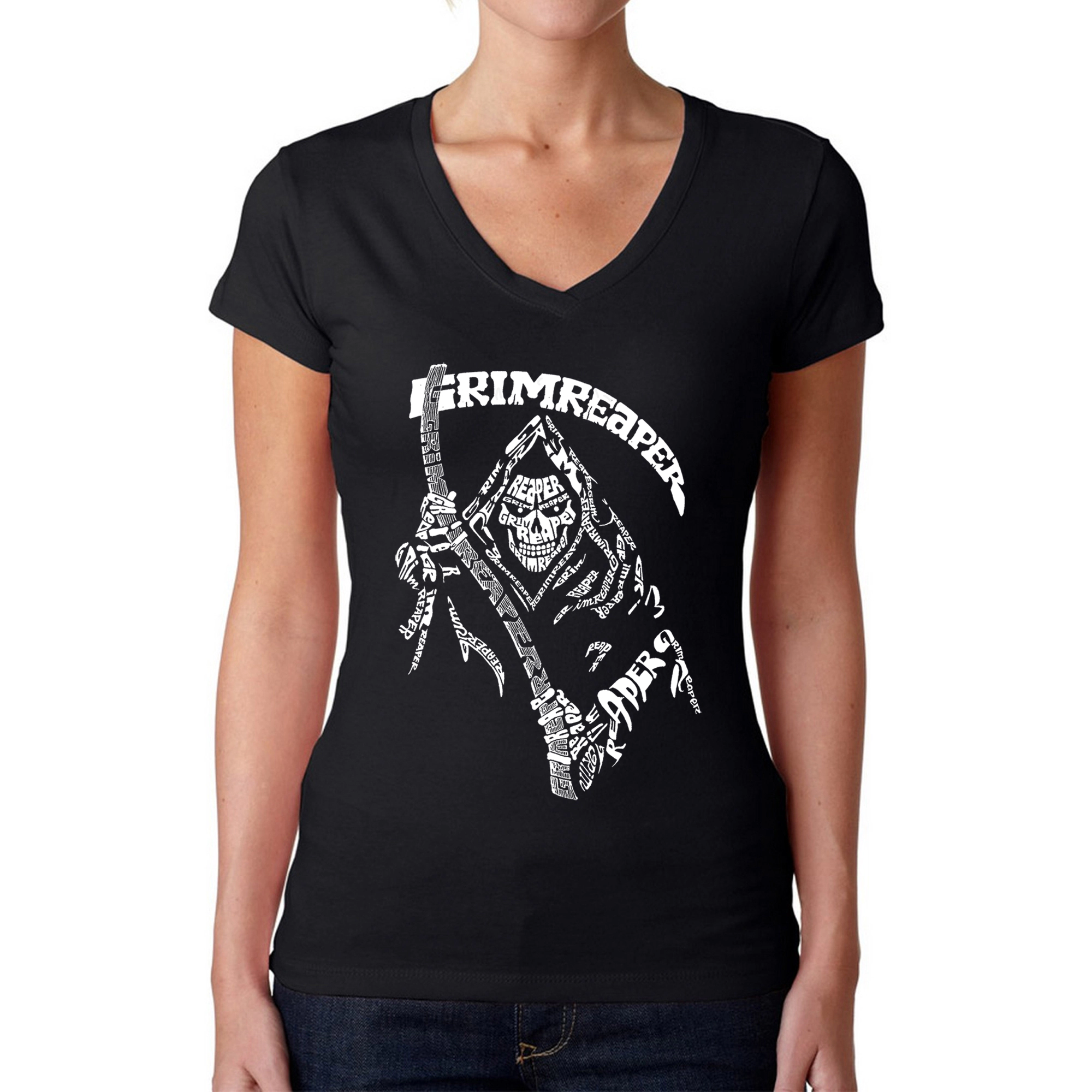 LA Pop Art Womens Word V-Neck T-Shirt - Grim Reaper