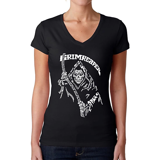 LA Pop Art Womens Word Art V-Neck T-Shirt - Grim Reaper