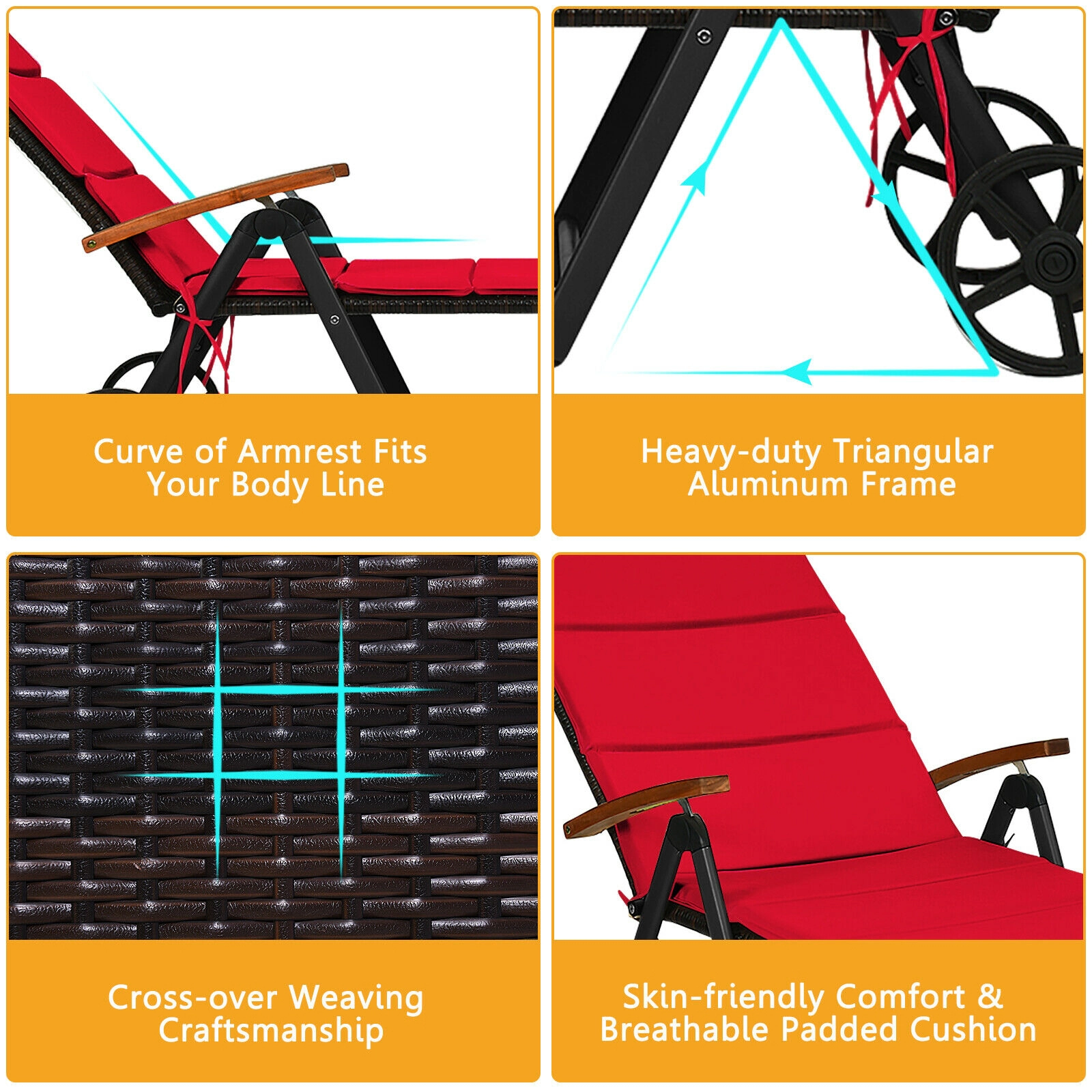 SUGIFT 10 in Wheels 7 Tilt Positions 385-lb Red Folding Patio Rattan Lounge Chair