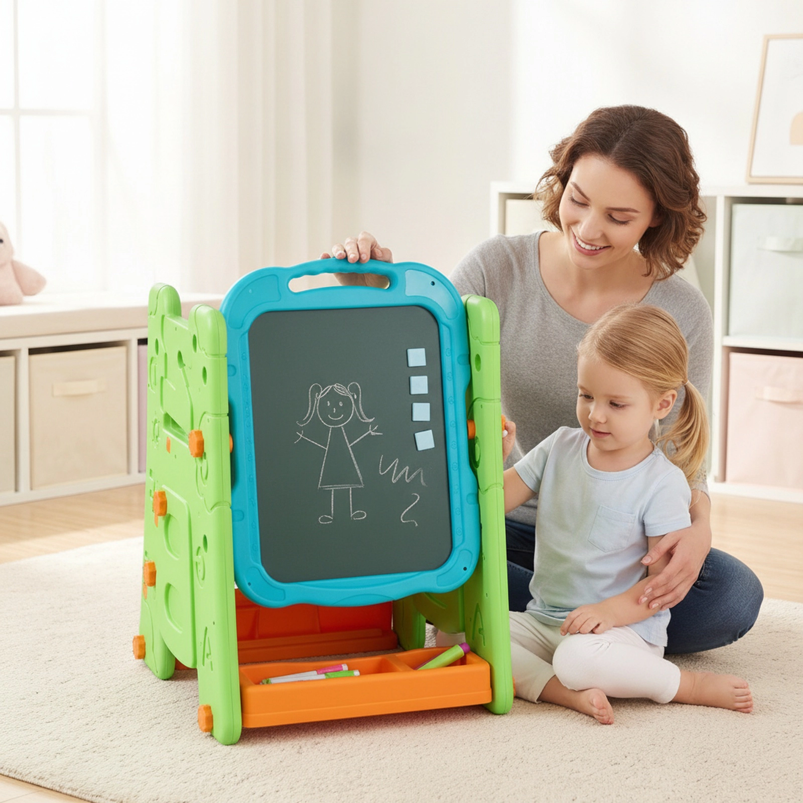 4-in-1 Kids Art Easel 3-Tier Bookshelf Double-Sided Magnetic Whiteboard Blackboard Adjustable Angle Carry Handle