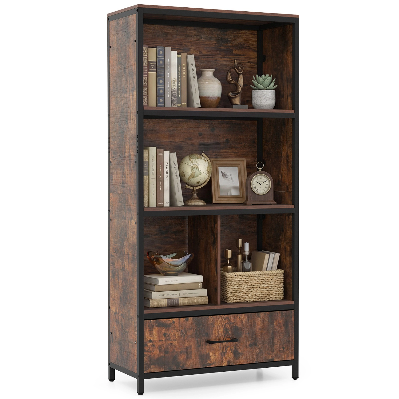 SUGIFT Rustic Brown Removable Fabric Drawer 56 in Freestanding Bookcase
