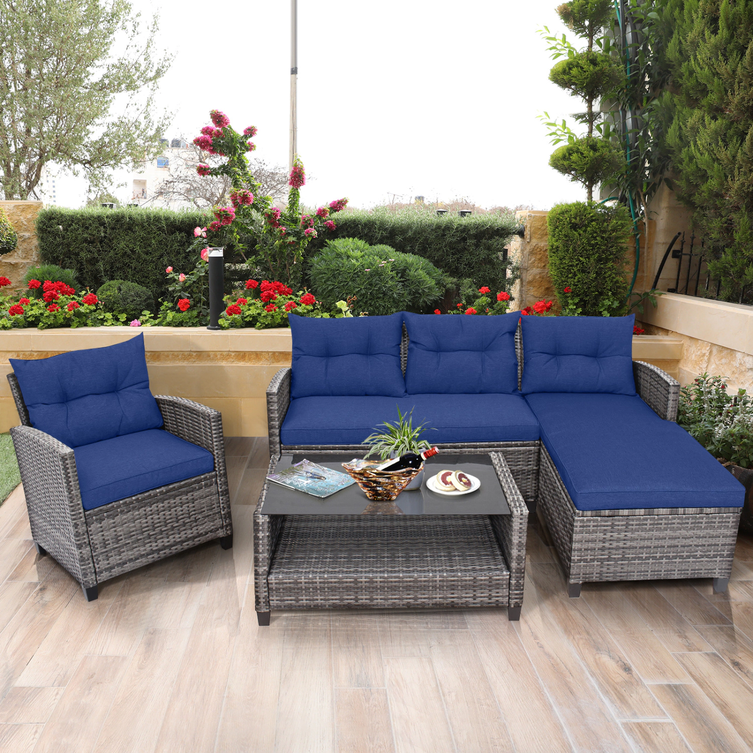 LJG 4 Pieces Patio Rattan Furniture Set with Cushion and Table Shelf