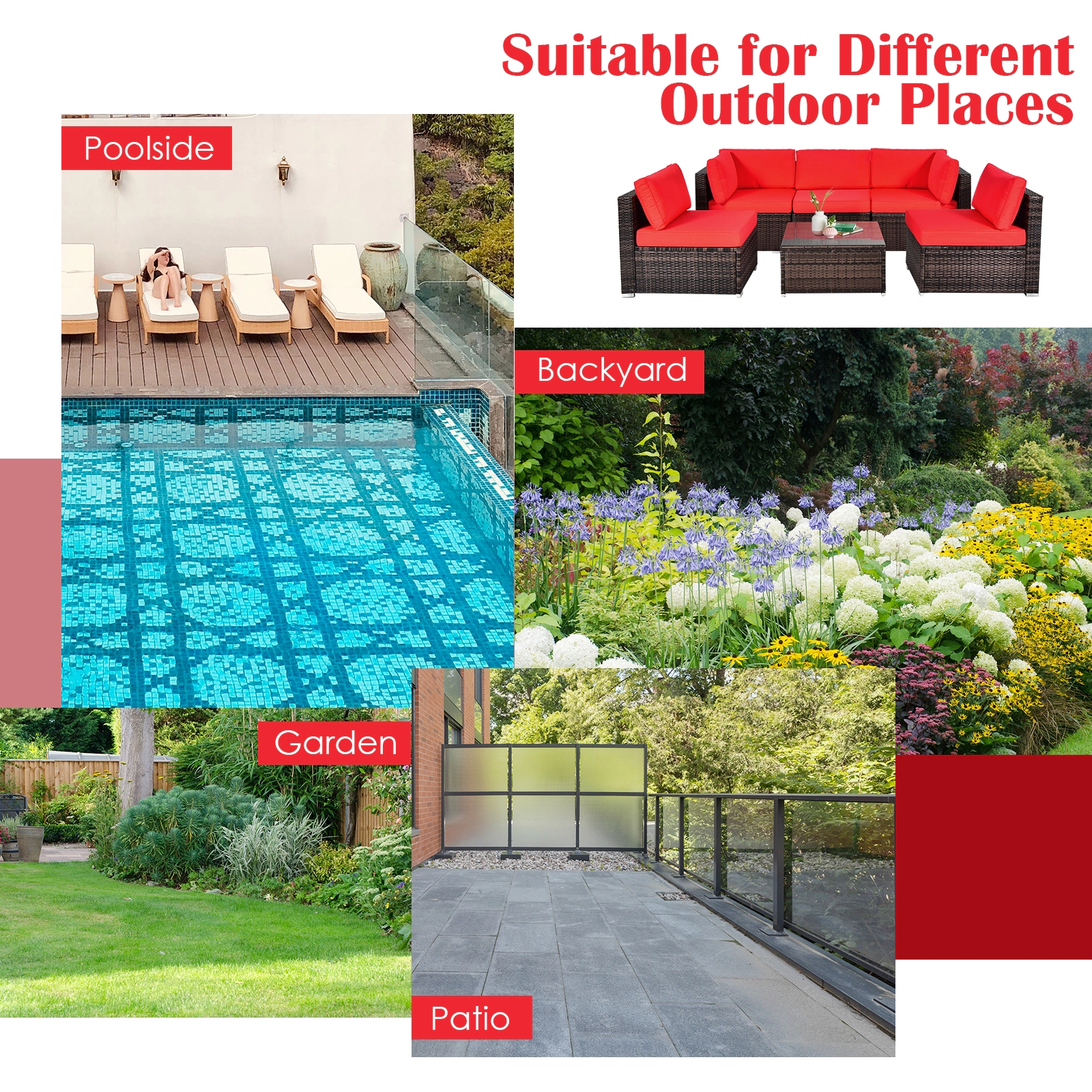 LJG 6 Pieces Patio Rattan Furniture Set with Cushions and Glass Coffee Table