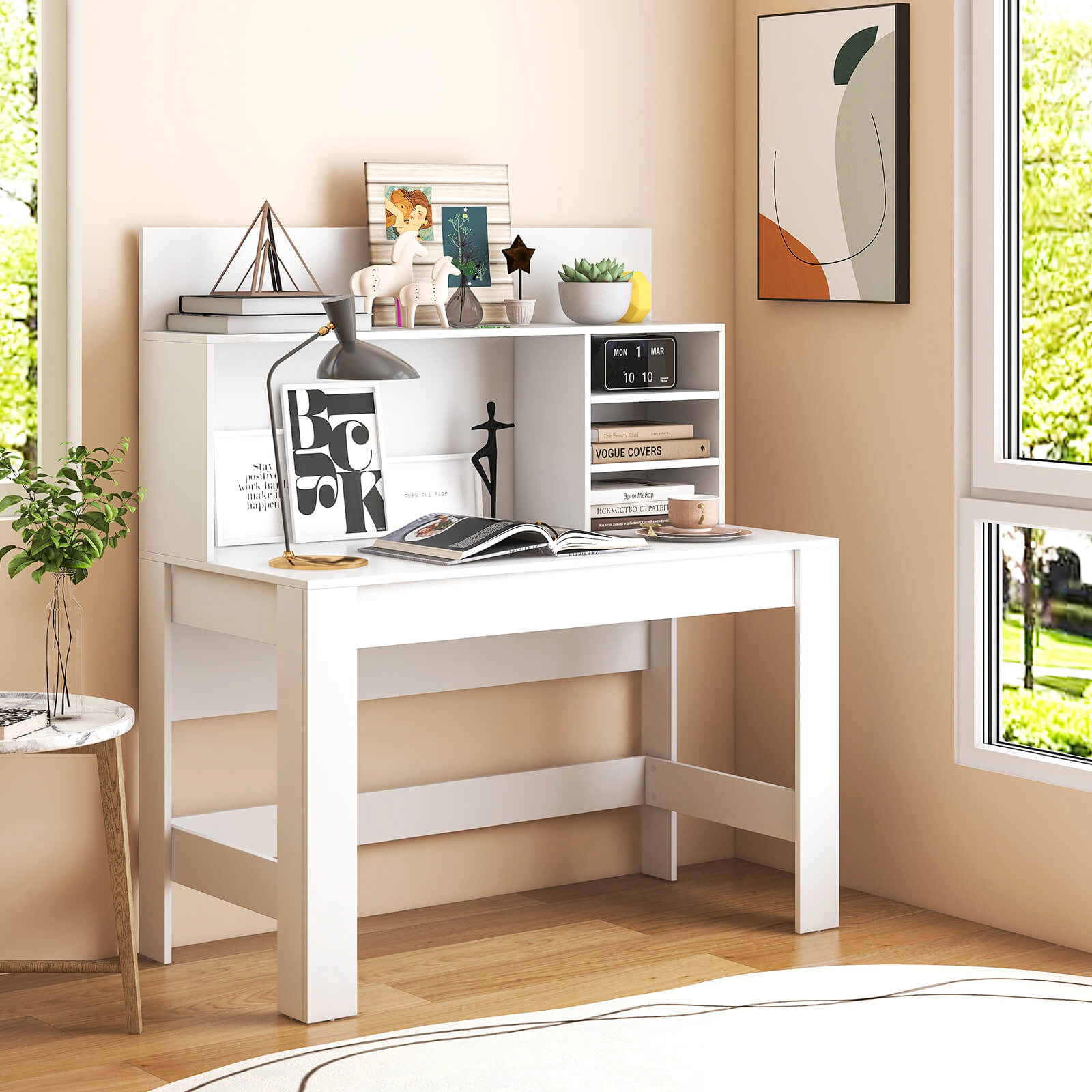SUGIFT Writing Computer Desk Bookshelf 100-lb Desktop Capacity Anti-Tipping Kits Cable Management Hole Rustic Oak White