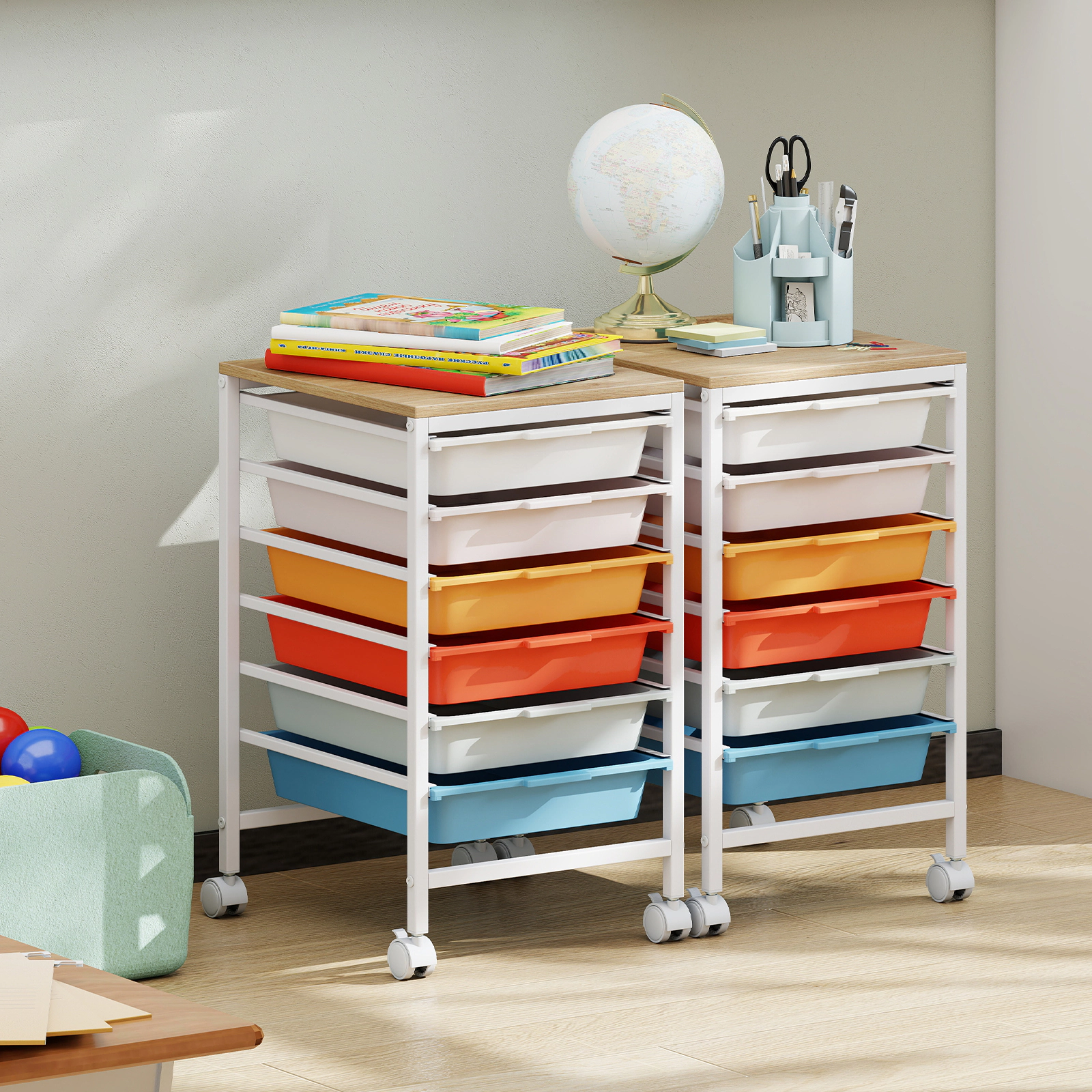 LJG 6-Drawer Rolling Storage Cart with Wooden Tabletop