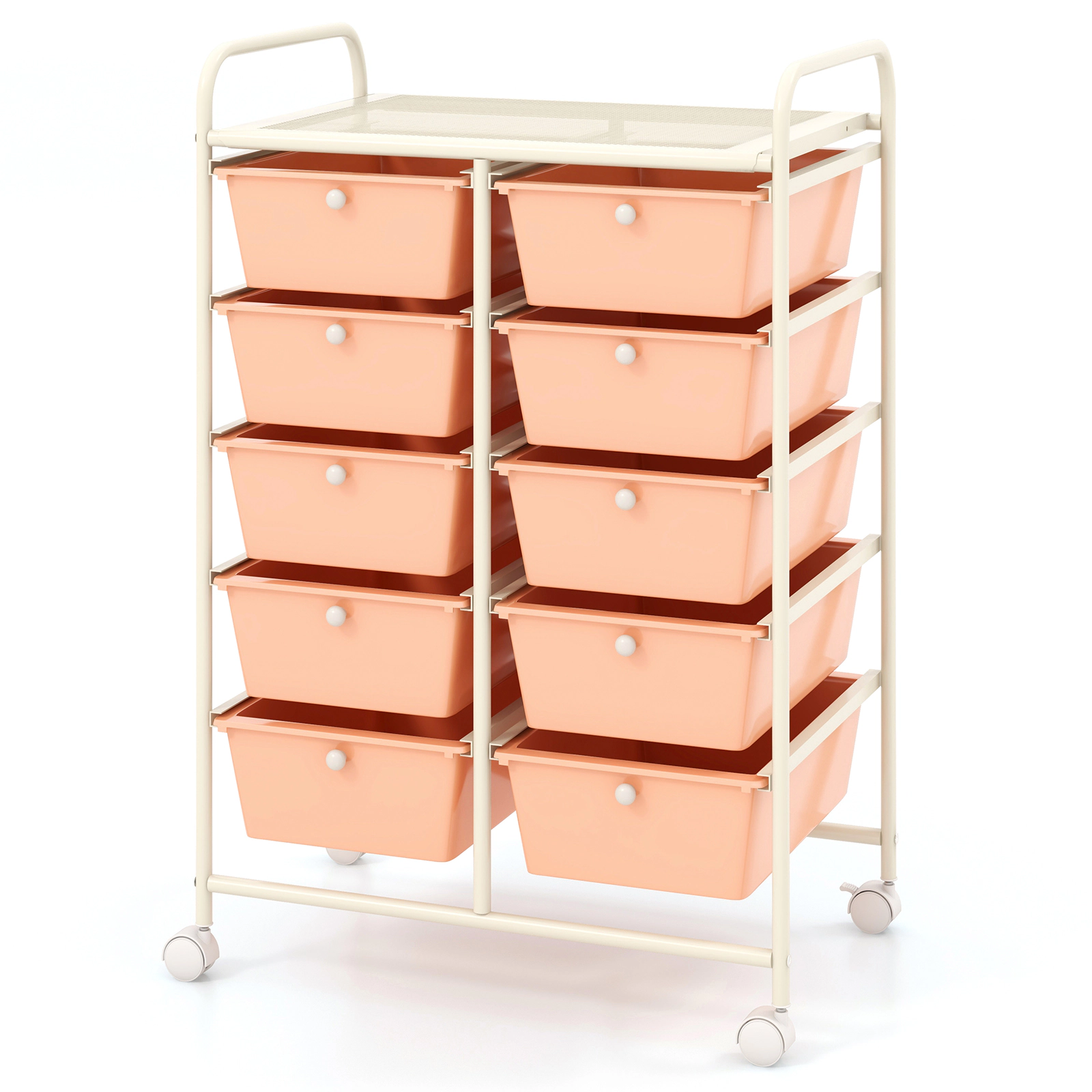 SUGIFT Peach 10-Drawer Rolling Storage Cart Organizer with 5-in Deep Bins Mesh Top Shelf and Locking Wheels