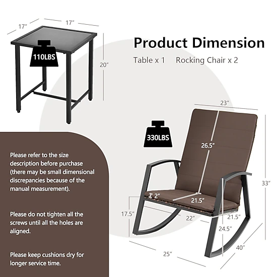 SUGIFT Glass Top Table and Padded Cushions 3-Piece Patio Rattan Rocking Chair Set