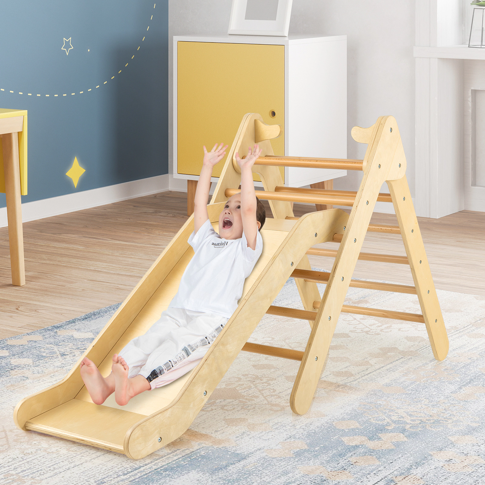SUGIFT Natural Gradient Adjustable Slide 34 Inch 2-in-1 Kids Wooden Triangle Climber Set