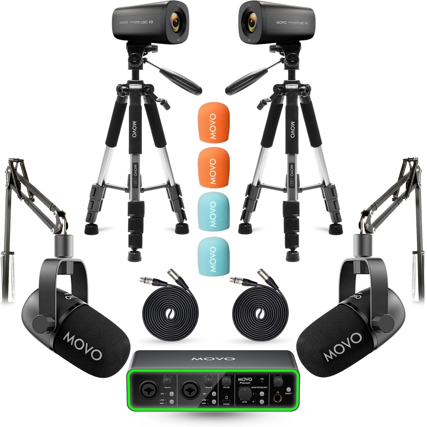 Movo Video Podcast Equipment Bundle – USB Audio Interface, 2 XLR Dynamic Microphones, 2 4K Cameras, 2 Boom Arms