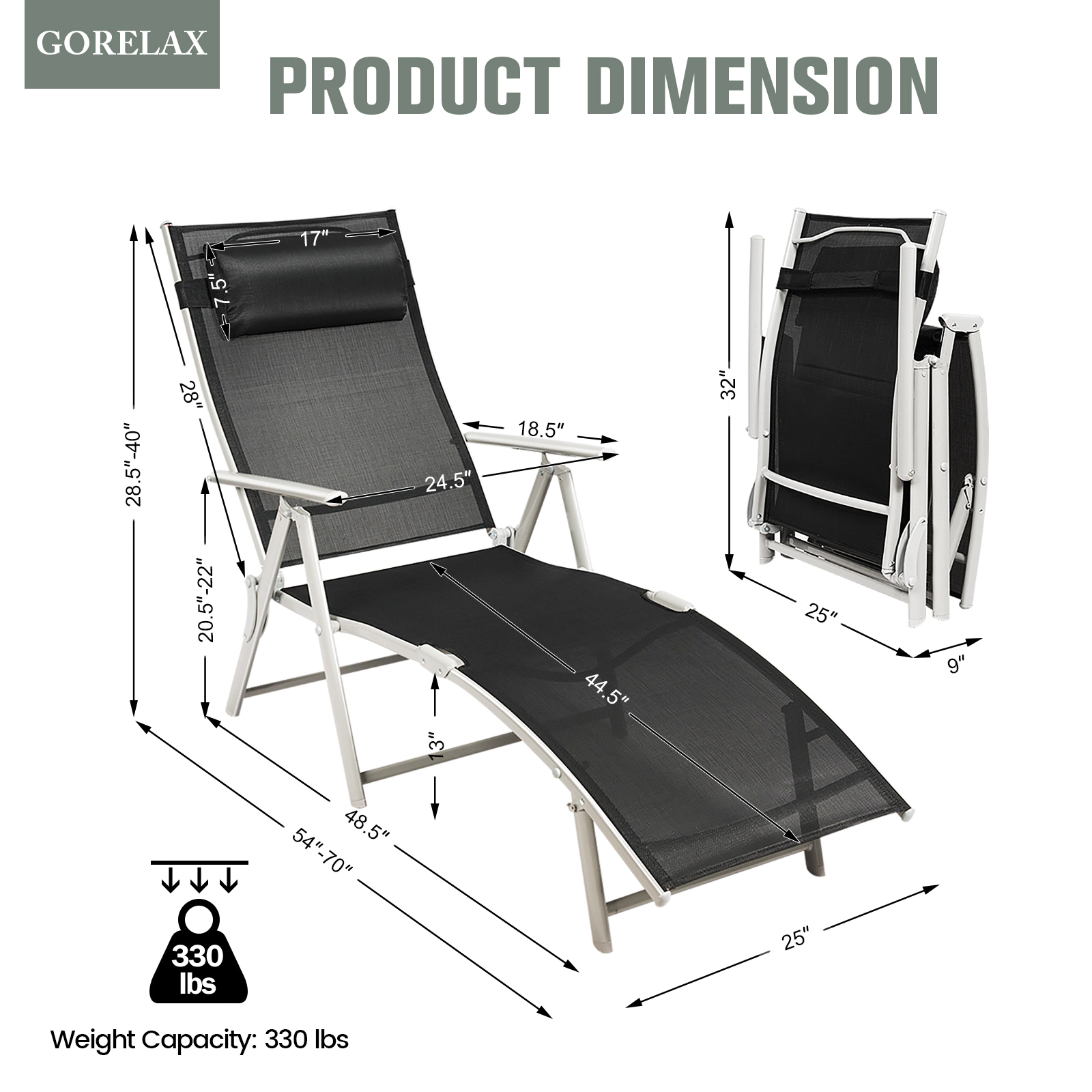 SUGIFT Adjustable 7-Position Outdoor Folding Chaise Lounge Chair with Pillow 330-lb Capacity Black