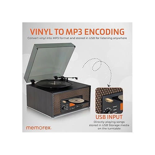 Memorex MX-TT700 7-in-1 Wooden Music Center - 3-Speed Turntable, Cassette, CD/MP3, Bluetooth