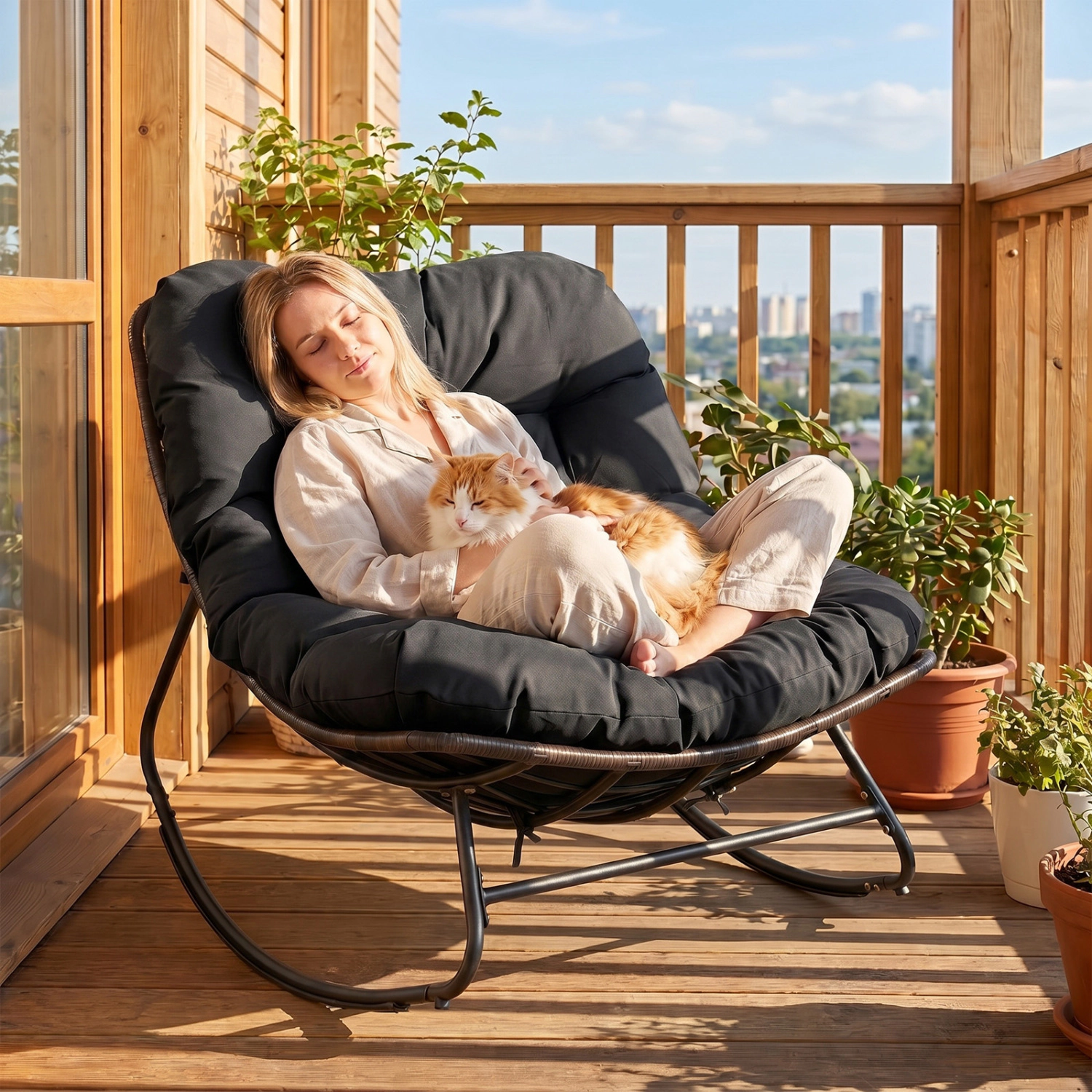 LJG Outdoor Papasan Rocking Chair with Thick Cushion and Pads