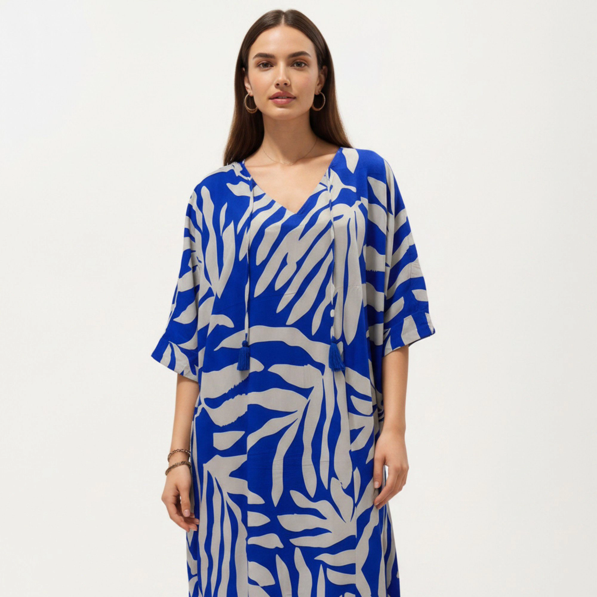 Anna-Kaci Women's Tropical Leaf Print Kaftan Maxi Dress with V-Neckline and Flowy Oversized Silhouette