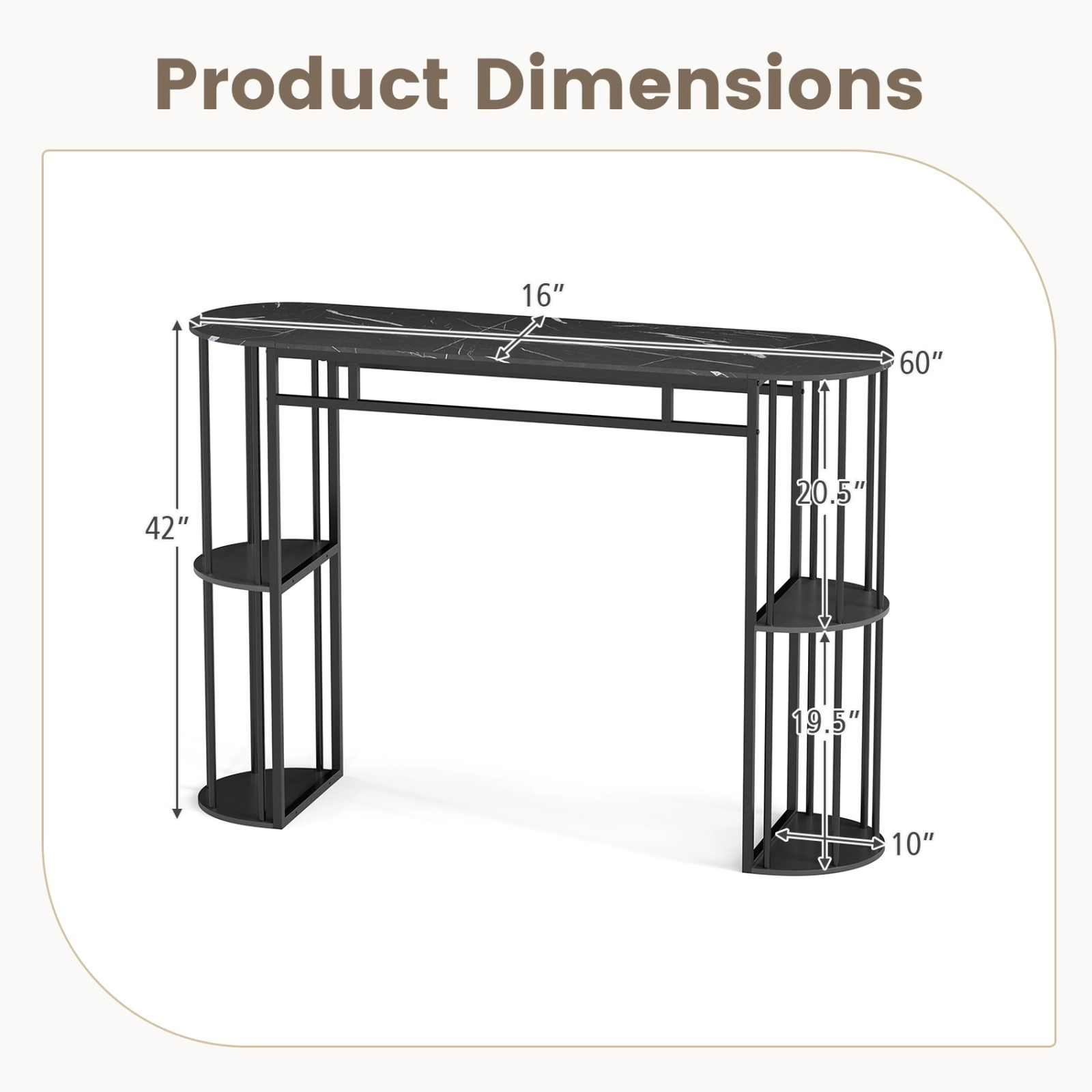 SUGIFT 60 Inch Long Bar Table Black Narrow with Faux Marble Top and Storage Shelves