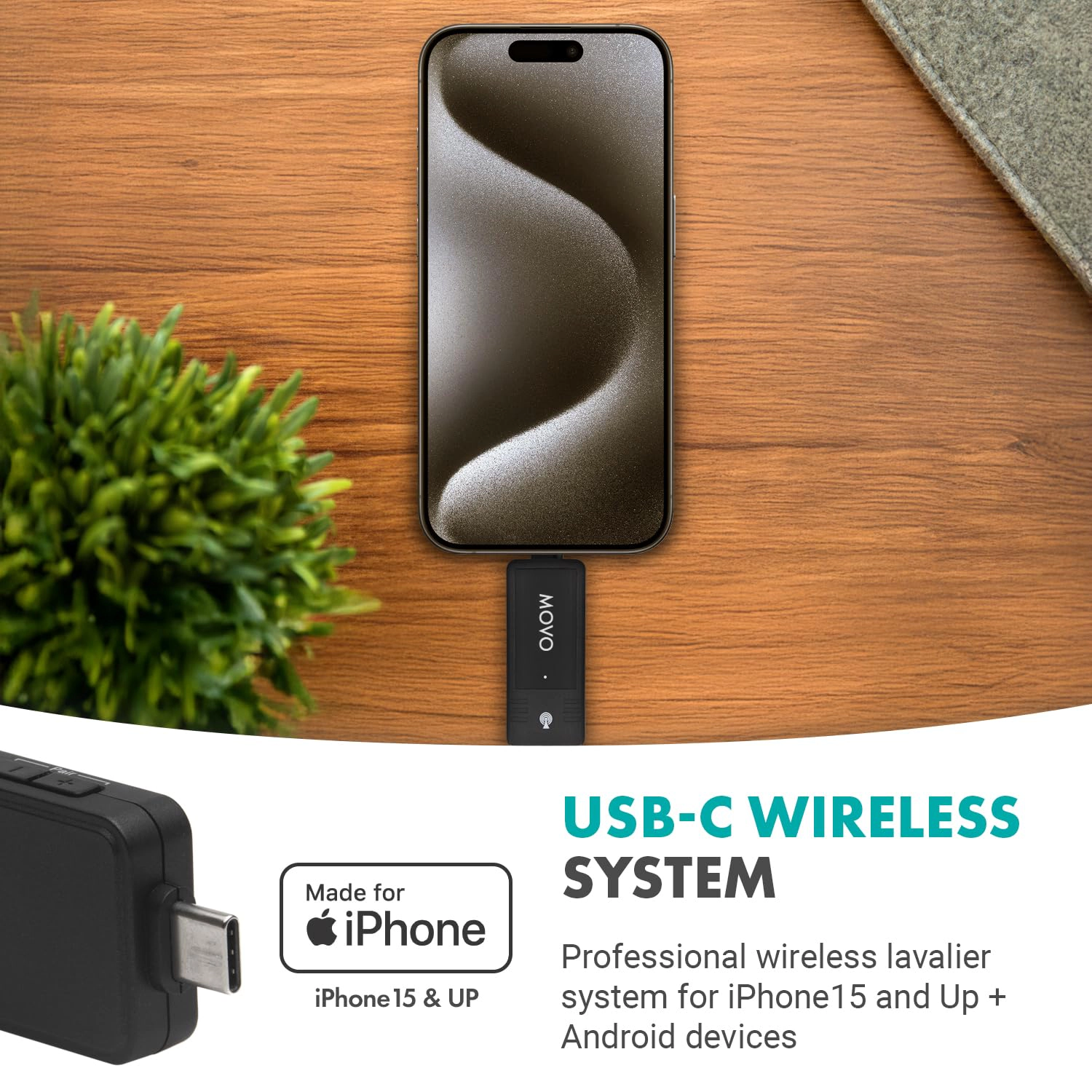 Movo Wireless USB-C Microphone System for Android and iPhone 15 and Up - Professional Lavalier Mic with 2.4GHz