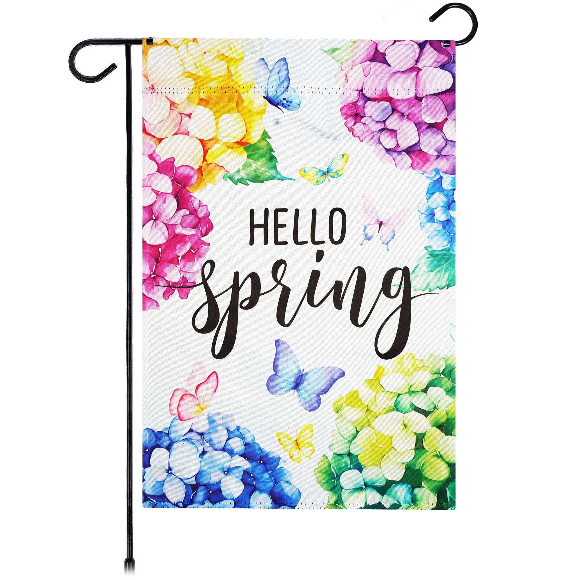 G128 Hello Spring Hydrangea Butterfly Garden Flag 12x18 Double-Sided Polyester