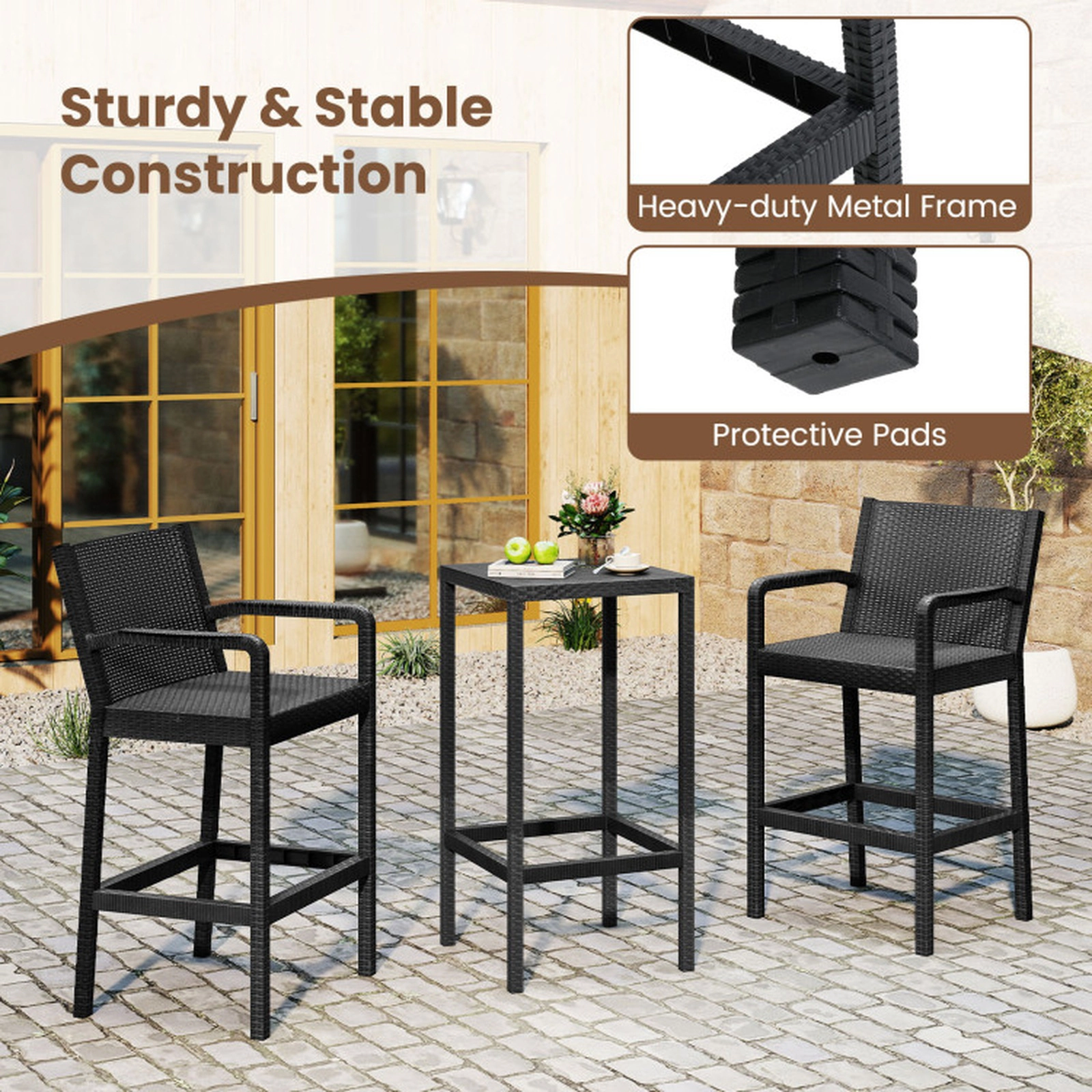 SUGIFT 3-Piece PP Seats Metal Frame 2 Stools 1 Table Patio Bar Set 19.5-in x 19.5-in x 39.5-in 110-lb Capacity Black