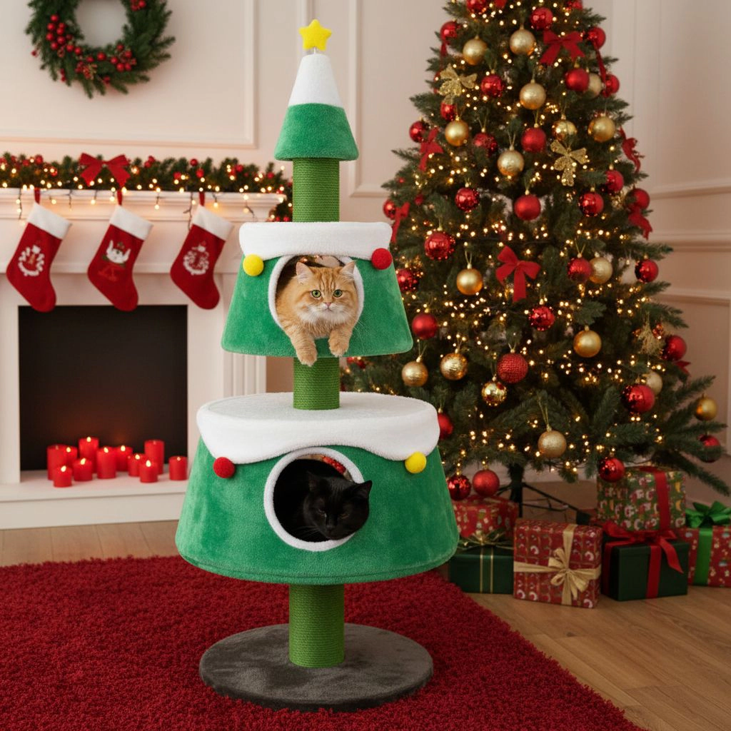 SlickBlue Christmas Cat Tree with Double Condos Plush Cover and Scratching