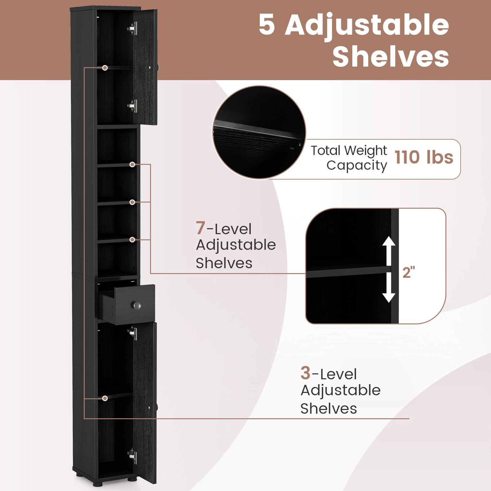 SlickBlue Tall Narrow Bathroom Storage Cabinet with Drawer & Adjustable Shelves