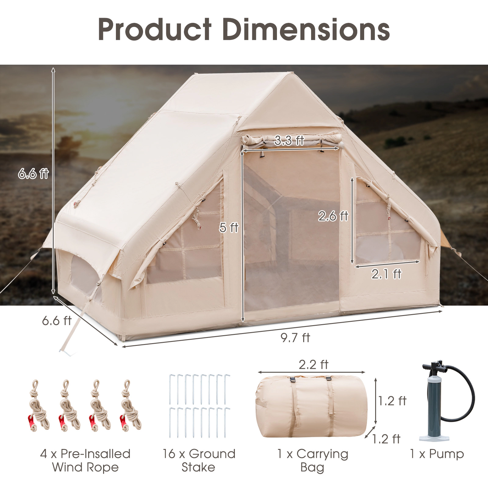 Hivvago Quick Setup Air Tent for Camping and Glamping, Fits 2 to 6 People