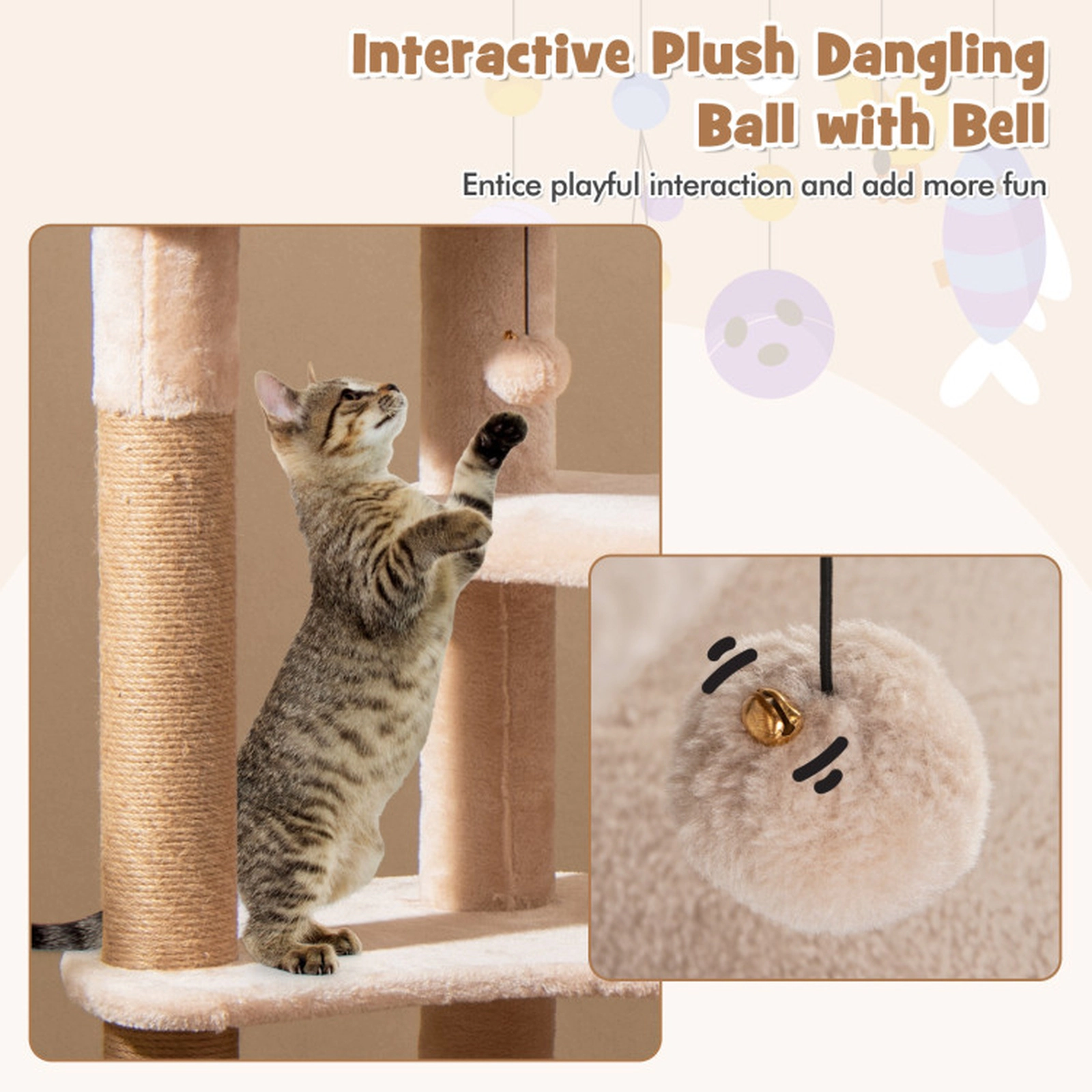 SUGIFT Multi-Level Cat Tree with Top Perch Condo Hammock and Scratching Posts 22-lb Capacity Beige Natural