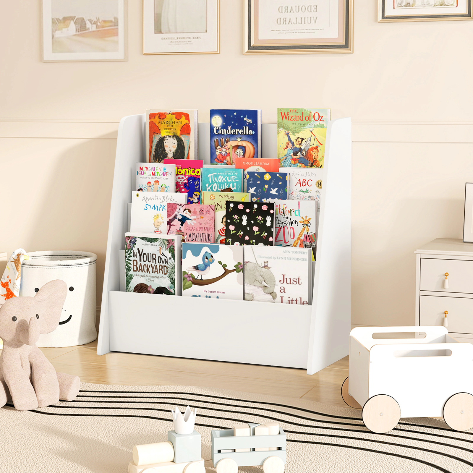 SUGIFT Kids 4-Tier Front Facing Deep Compartments Engineered Wood Bedroom Bookshelf 22.5-in x 10.5-in x 23-in White