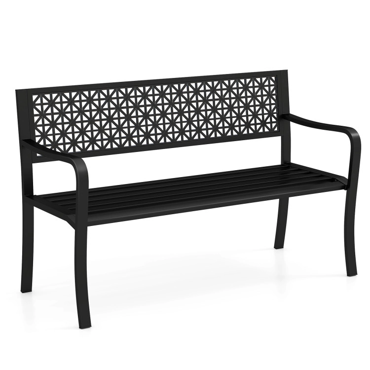 Hivvago 50 Inch Outdoor Metal Garden Bench With Rattan-Like Backrest For 2-3 People-Black