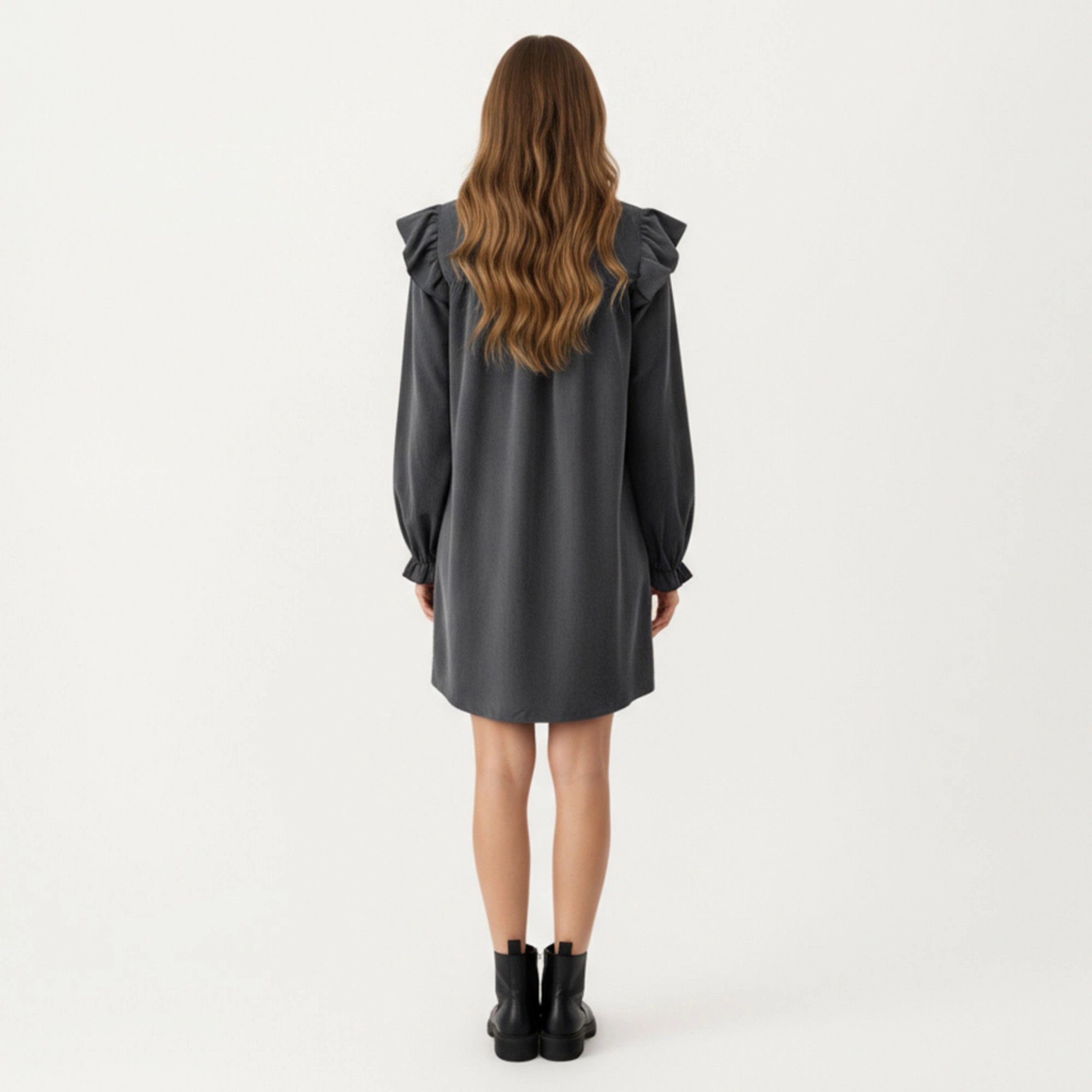Anna-Kaci Women's Long Sleeve Ruffle Shoulder V Neck Gathered Detail Mini Dress