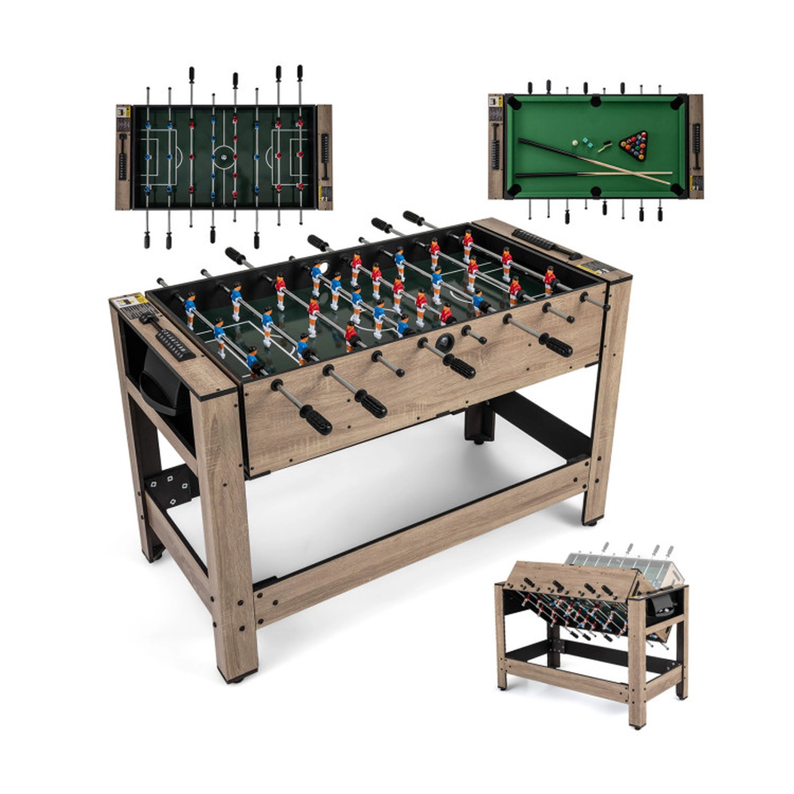 SUGIFT Brown 2-in-1 Swivel Game Table with Foosball and Velvet Pool Surfaces 49-in W 24-in D 35-in H