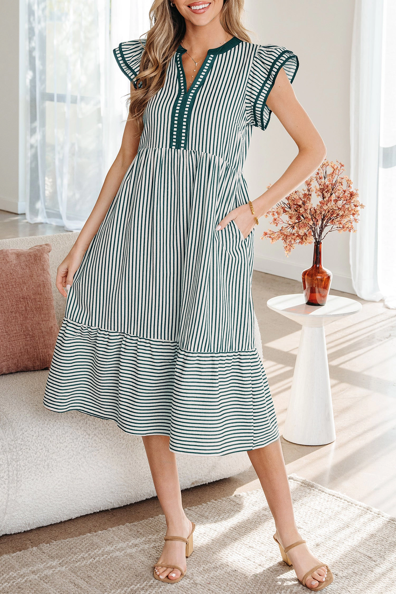 Threaded Pear Womens Ophelia Contrast Trim Striped Midi Dress