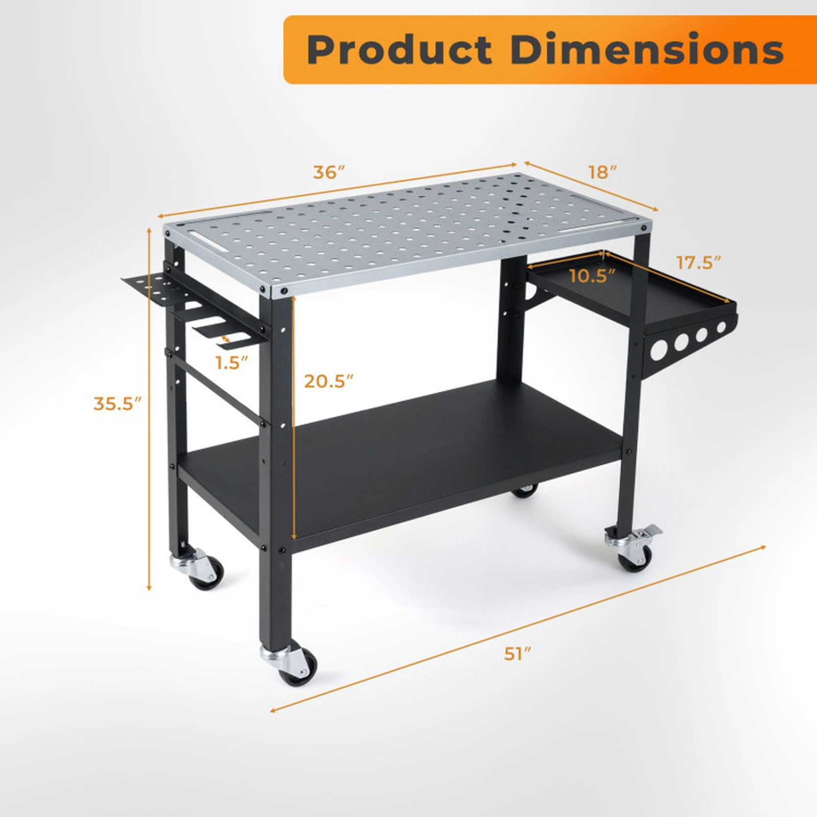 SUGIFT 144 Fixture Holes Lockable Wheels Steel Welding Table 36-in x 18-in Tabletop 1200-lb Capacity 51-in Long Silver