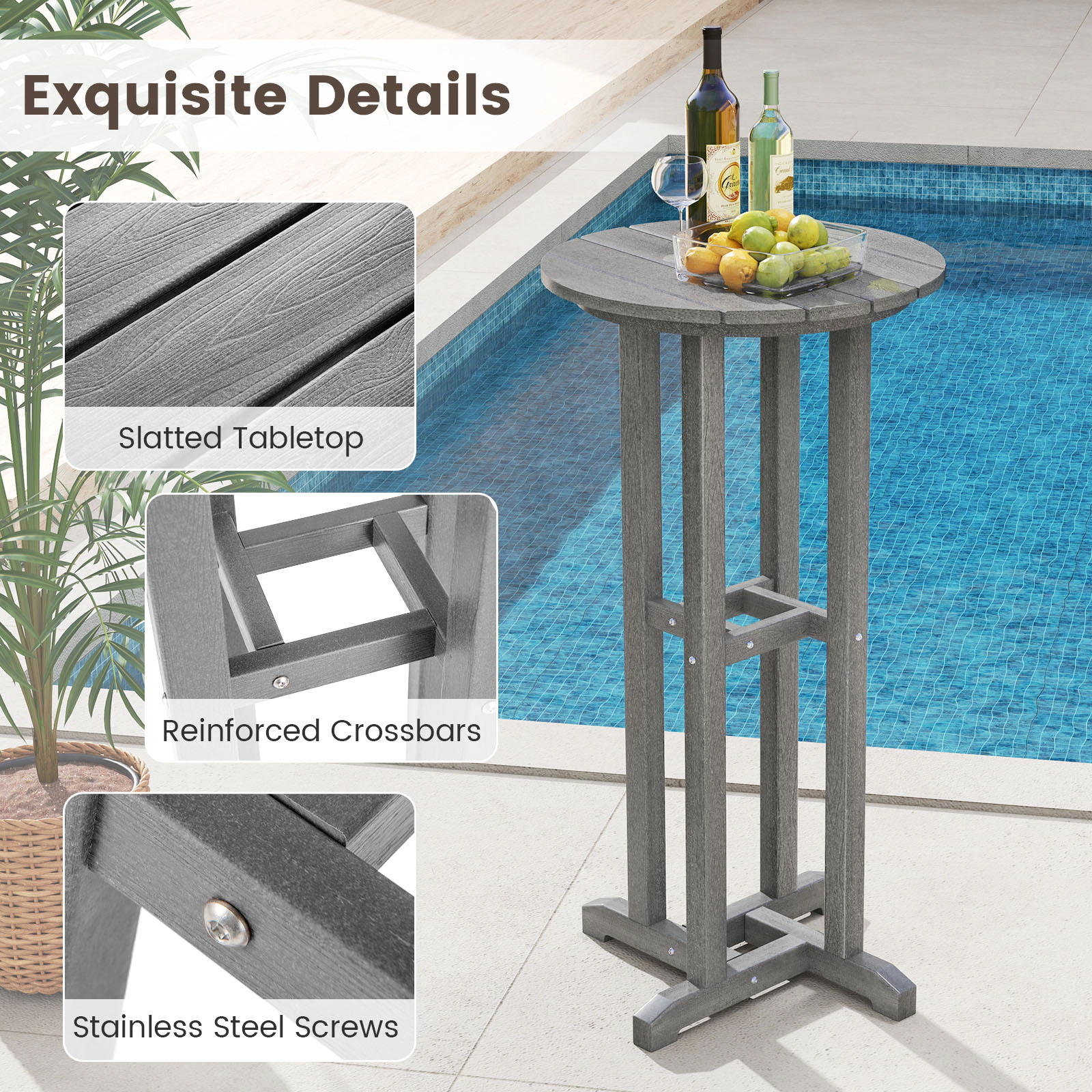 SUGIFT 21.5-in Round HDPE Bar Height Dining Table 110-lb Capacity Slatted Tabletop for 25.5-31.5-in Seat Height Gray