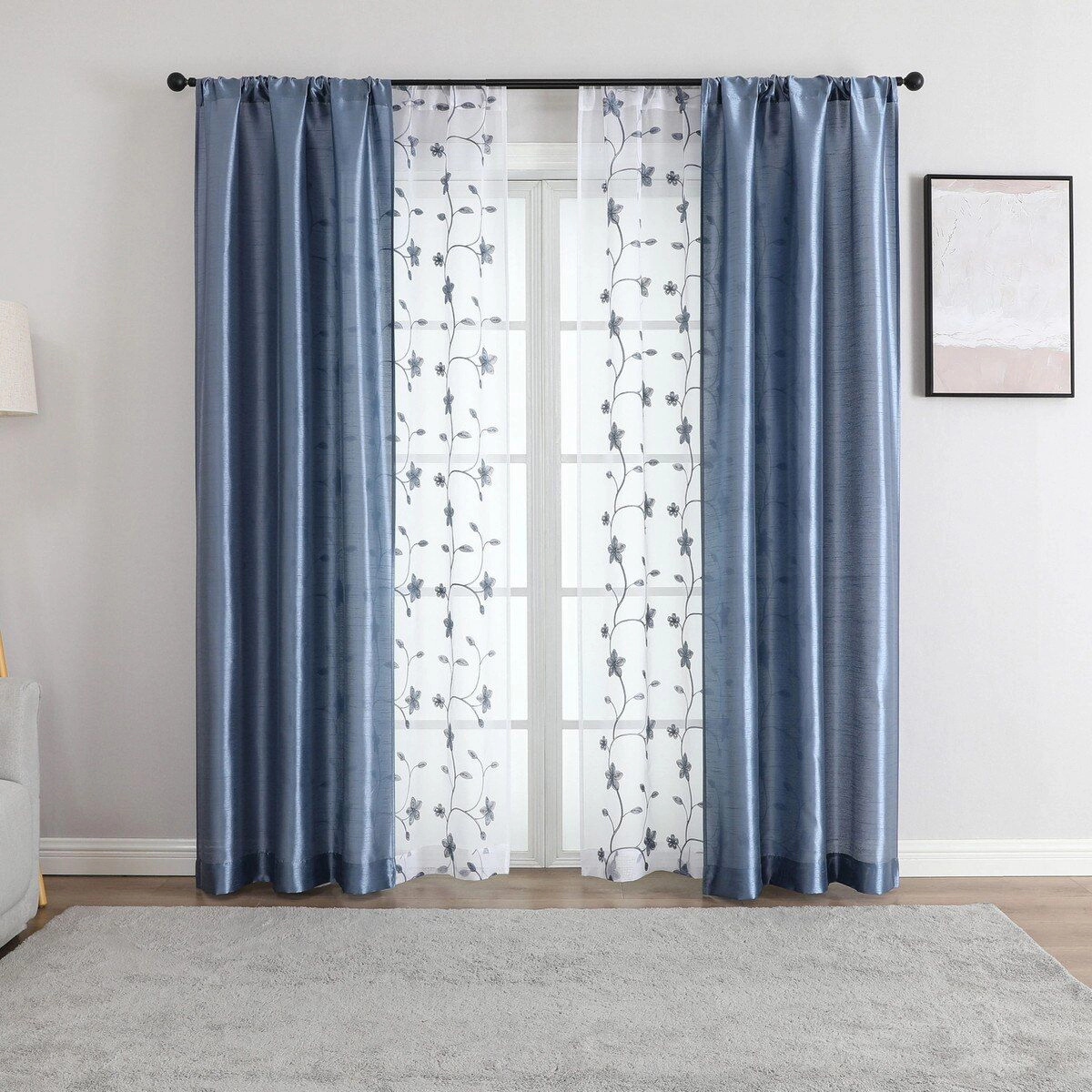 Kate Aurora Jasmine Embroidered 6 Piece Rod Pocket Coordinating Sheer Window Curtain Panels