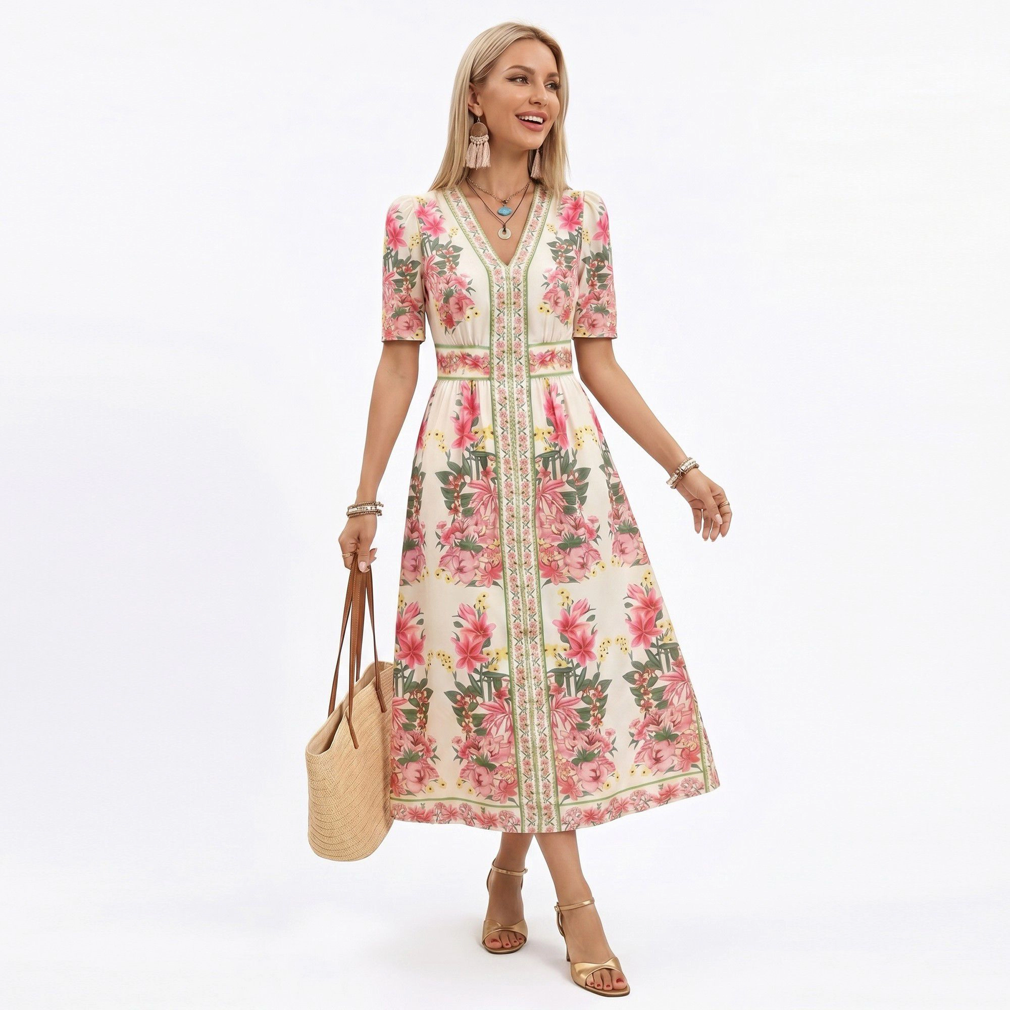 Anna-Kaci Women's Floral V-Neck Short Puff Sleeves Waist Midi Dress