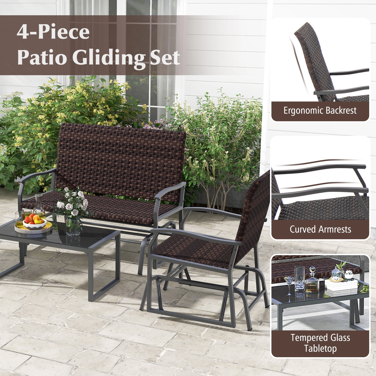 SUGIFT 4-Piece Mix Brown Patio Glider Set with Loveseat, 2 Chairs and Glass Table