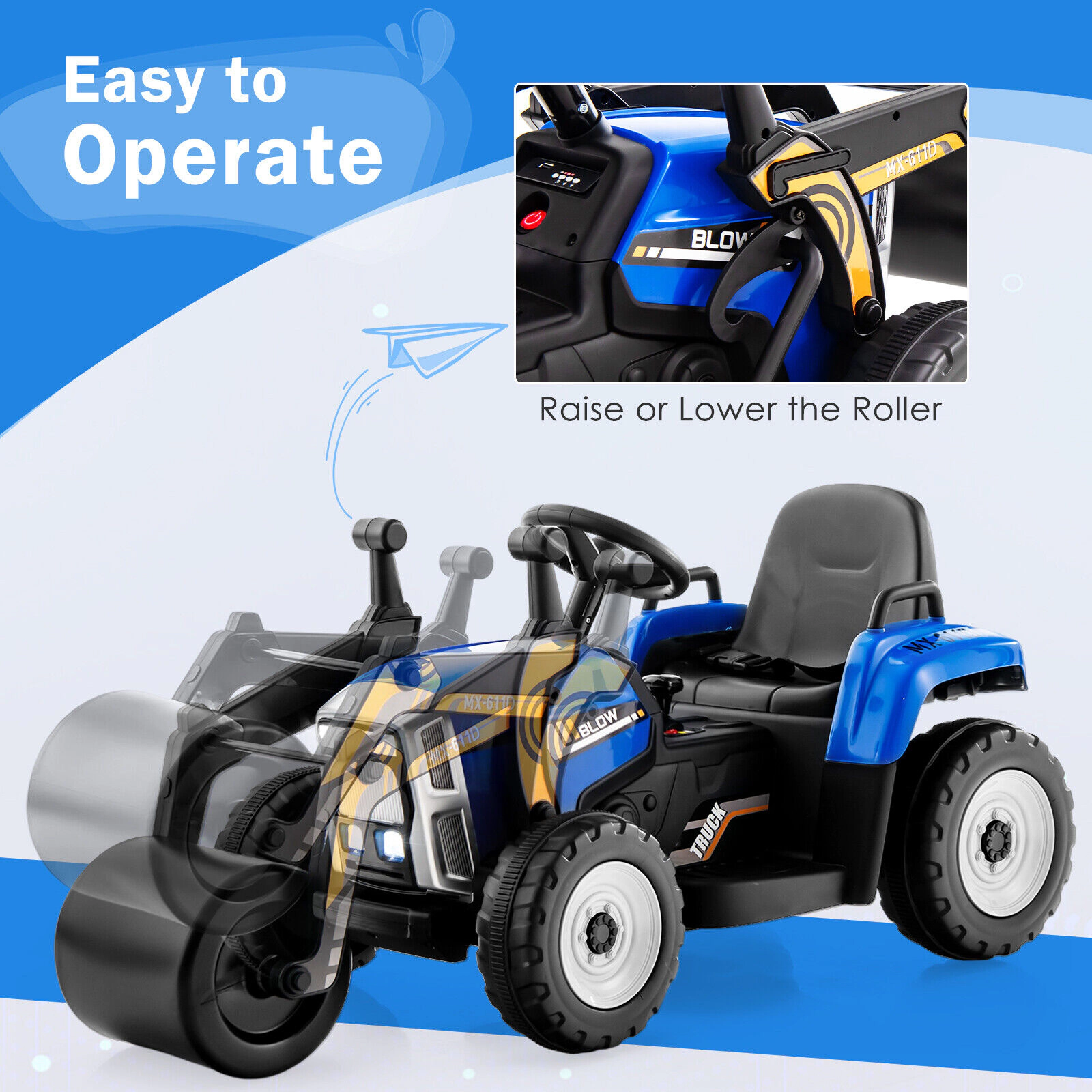 SUGIFT 12V Kids Ride On Road Roller with 2.4G Remote Control 66-lb Capacity Ages 3-8 49-in Long 2-5 mph Blue