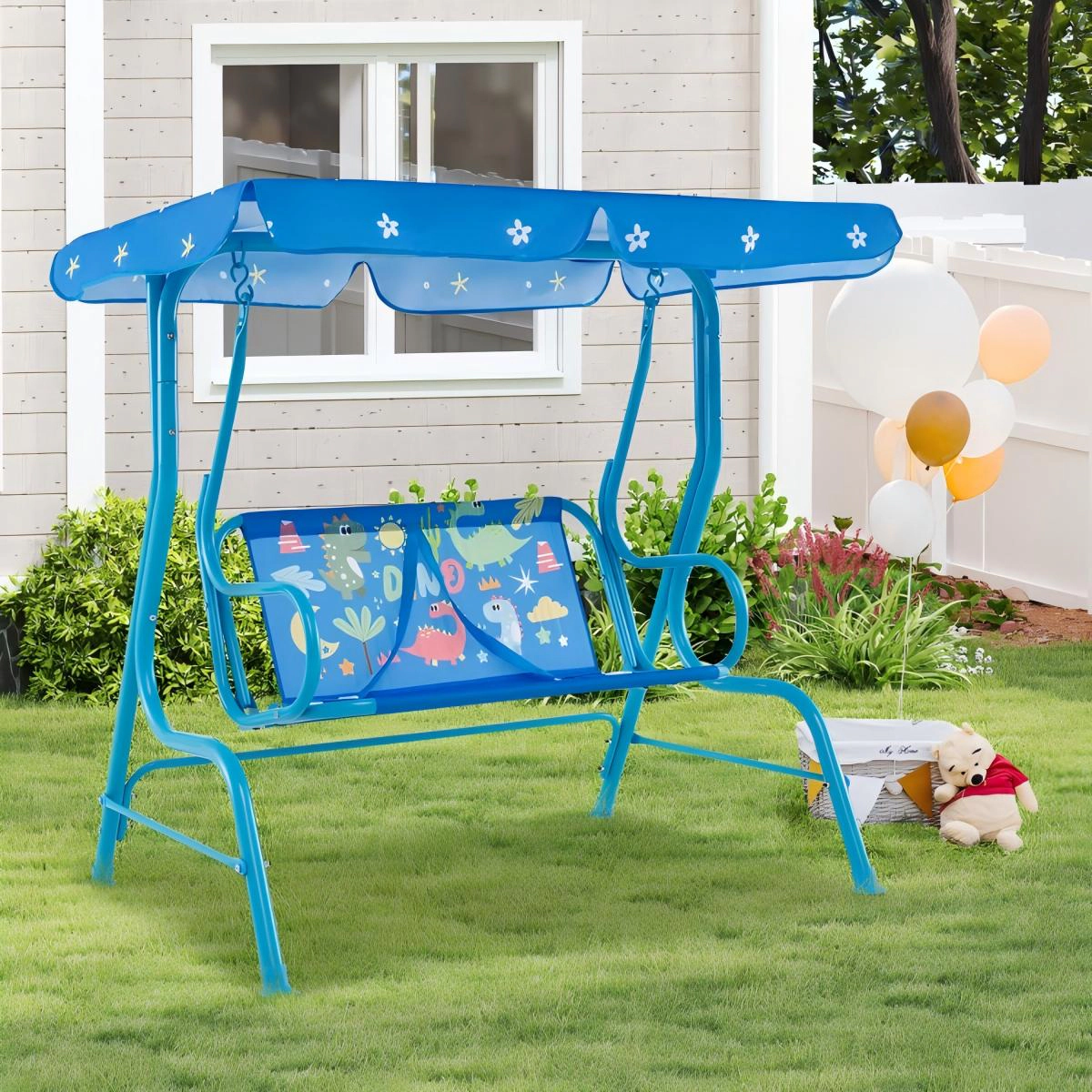 SUGIFT 180-lb Capacity 2-Seater Kids Outdoor Swing with Metal Stand Adjustable Canopy and Safety Belts Blue