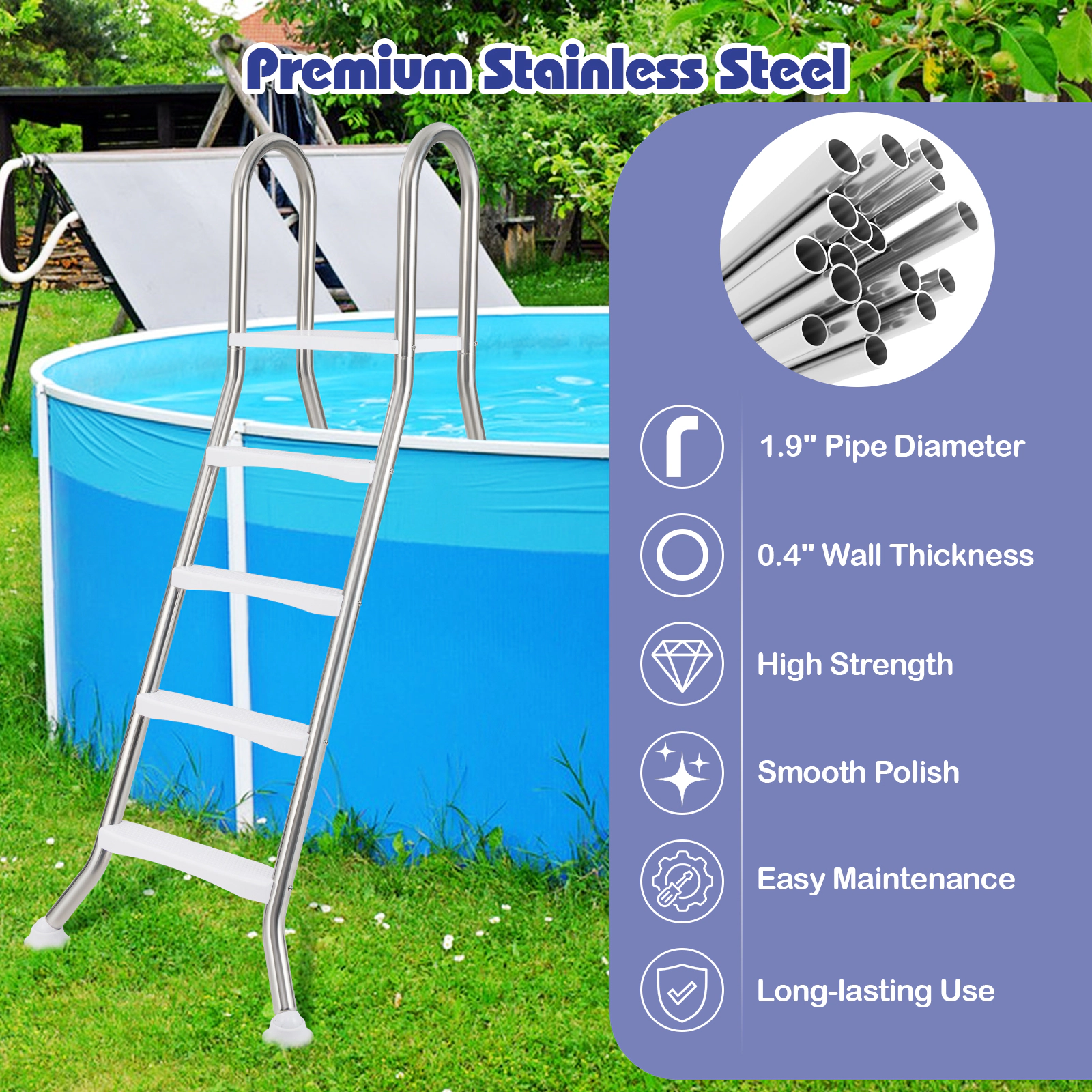 SUGIFT Silver 4-Step Above Ground Pool Ladder with Non-Slip Pedals for 55-in Wall 75.6-in H 265-lb User Capacity