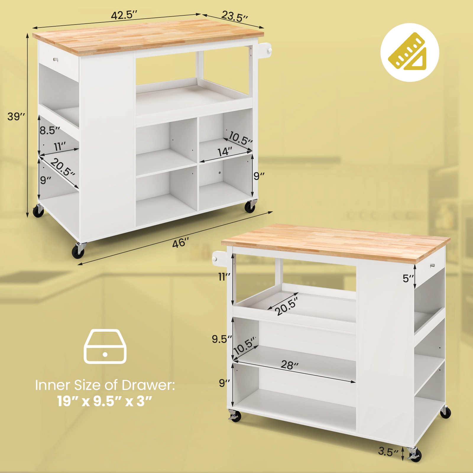 SUGIFT White Kitchen Island Trolley Cart on Wheels with 3-Position Adjustable Shelf and Slide-Out Drawer