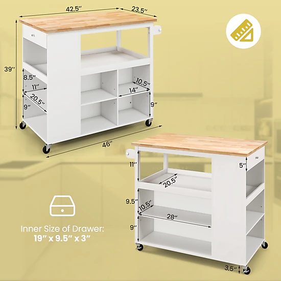 SUGIFT White Kitchen Island Trolley Cart on Wheels with 3-Position Adjustable Shelf and Slide-Out Drawer