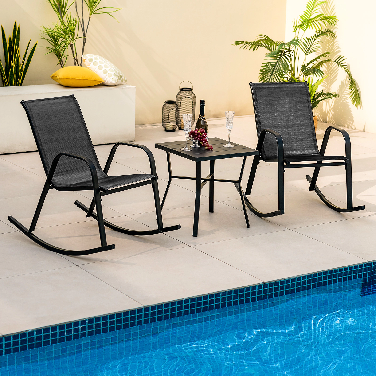 SUGIFT Set of 2 Metal Patio Rocking Chairs with Breathable Seat Fabric Metal Frame 330-Lb Capacity Black