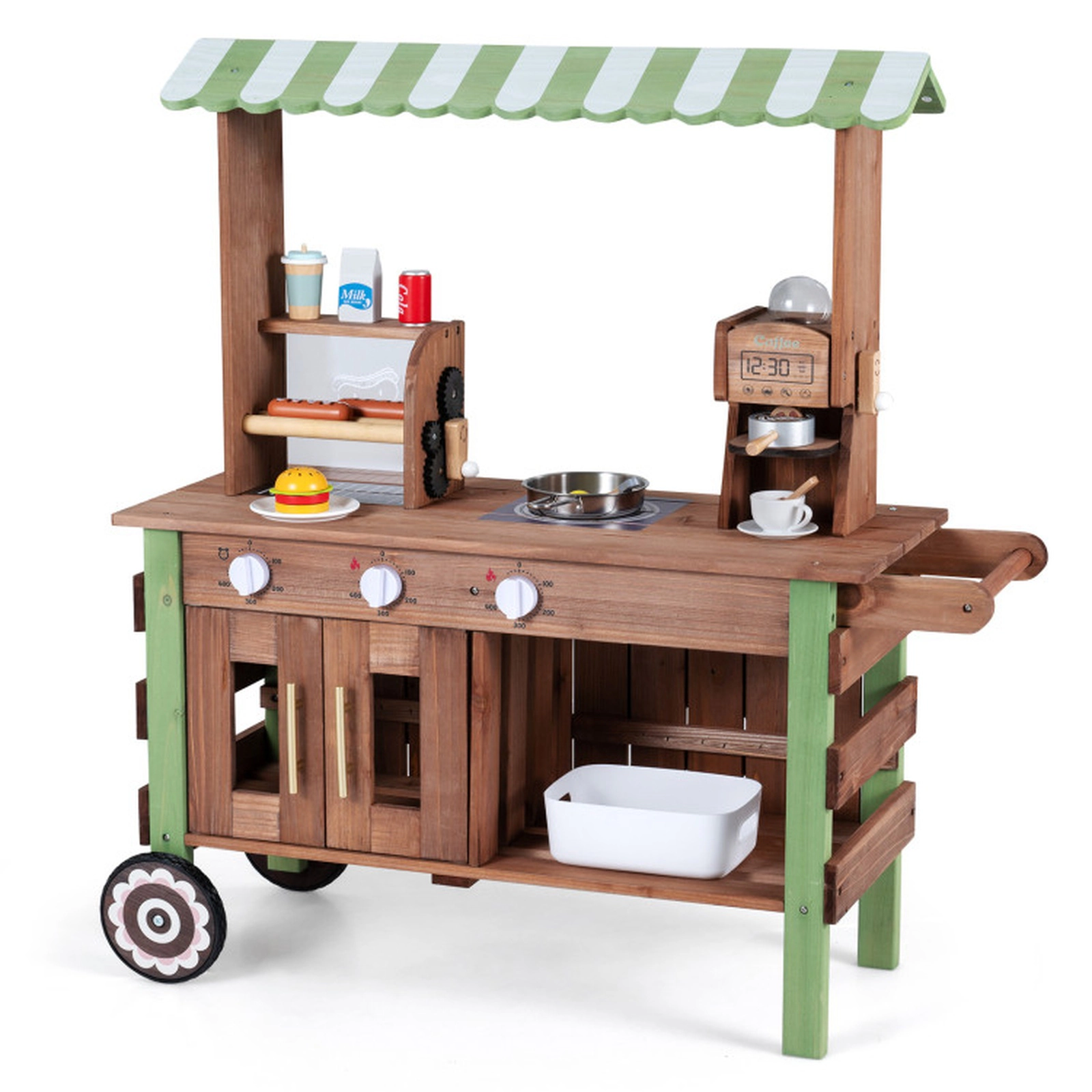 SUGIFT Hot Dog Grill Coffee Maker and Large Wheels Wooden Kids Grocery Store Playset