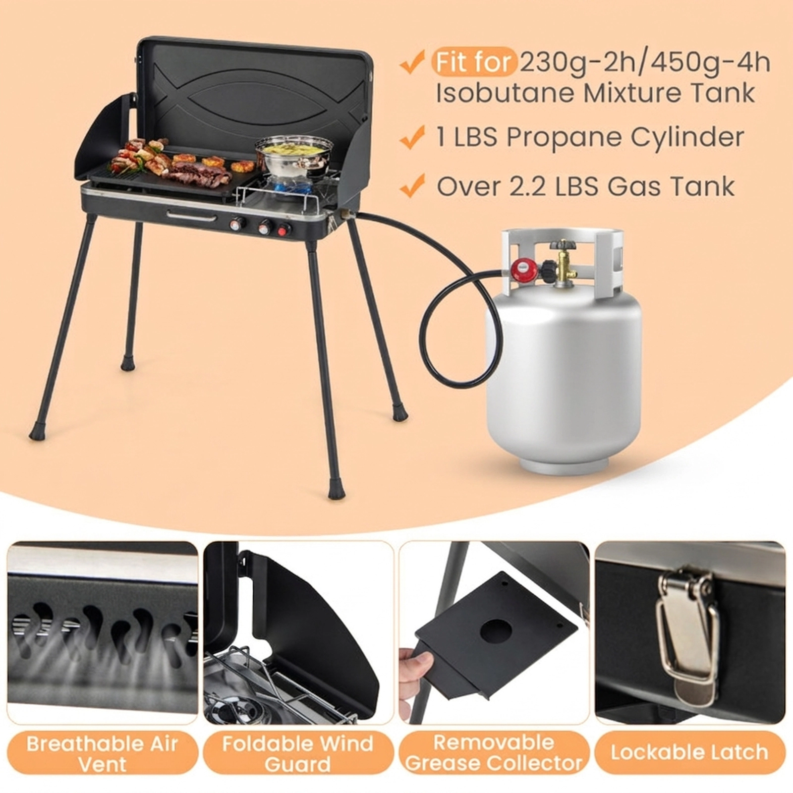 SUGIFT 2-in-1 Gas Camping Grill and Stove with Dual Burners and Detachable Legs Black
