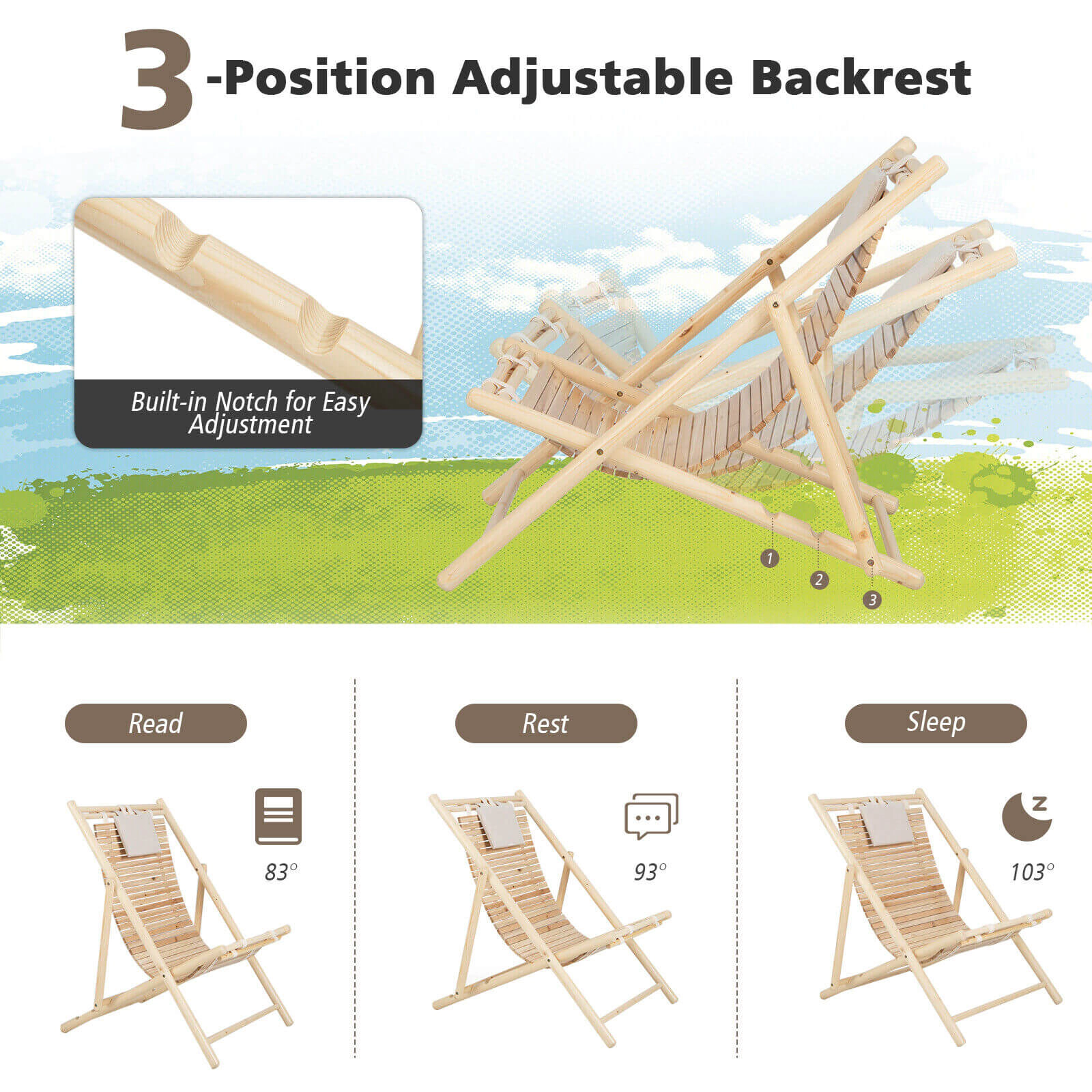 Hivvago Solid Fir Wood Lounge Chair with 3-Level Adjustable Backrest and Soft Padded Headrest