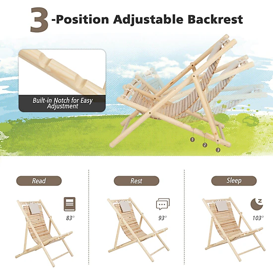 Hivvago Solid Fir Wood Lounge Chair with 3-Level Adjustable Backrest and Soft Padded Headrest