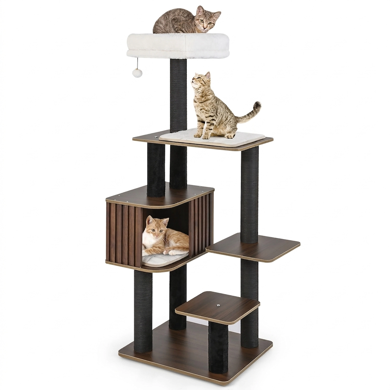 SUGIFT 59.5-in Brown Multi-Level Cat Tree Tower with Fence-Style Condo and Top Perch 23-in Base W