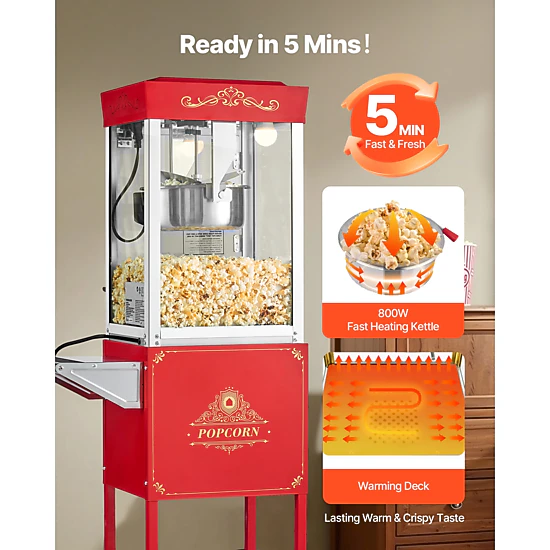 HONGGE Popcorn Machine with Cart 8oz Stainless Steel Kettle 800W Commercial Popcorn Maker 48 Cups per Batch Theater